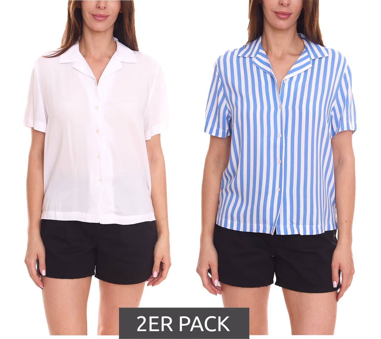 AjC Pack de 2 blusas blusas camiseras vaporosas para mujer en dos colores con tira de botones azul/blanco