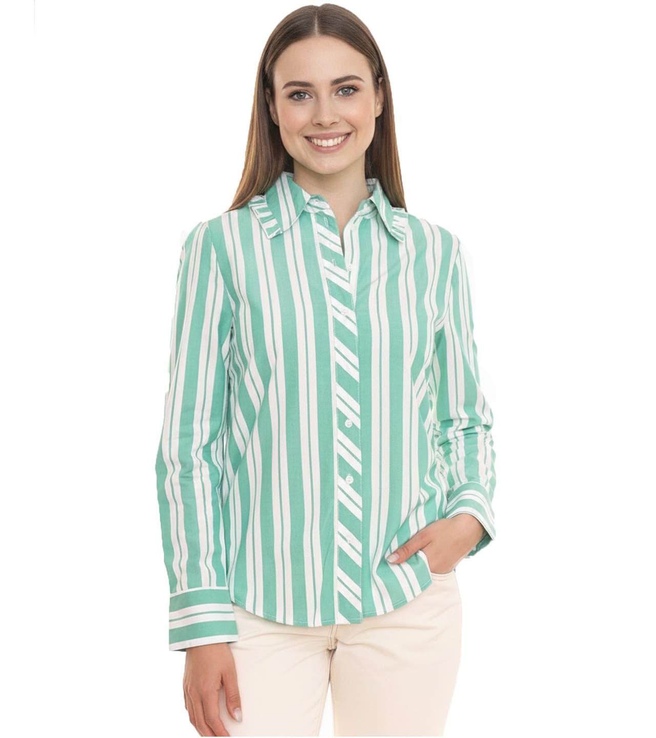 AjC Blusa de mujer camisa de manga larga a rayas de algodón con pequeños volantes verde/blanco