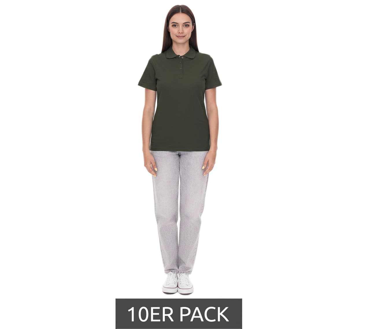 Elevate Paquete de 10 polos Helios para mujer, algodón, tejido piqué, 180 g/m², 3810770, verde militar oscuro