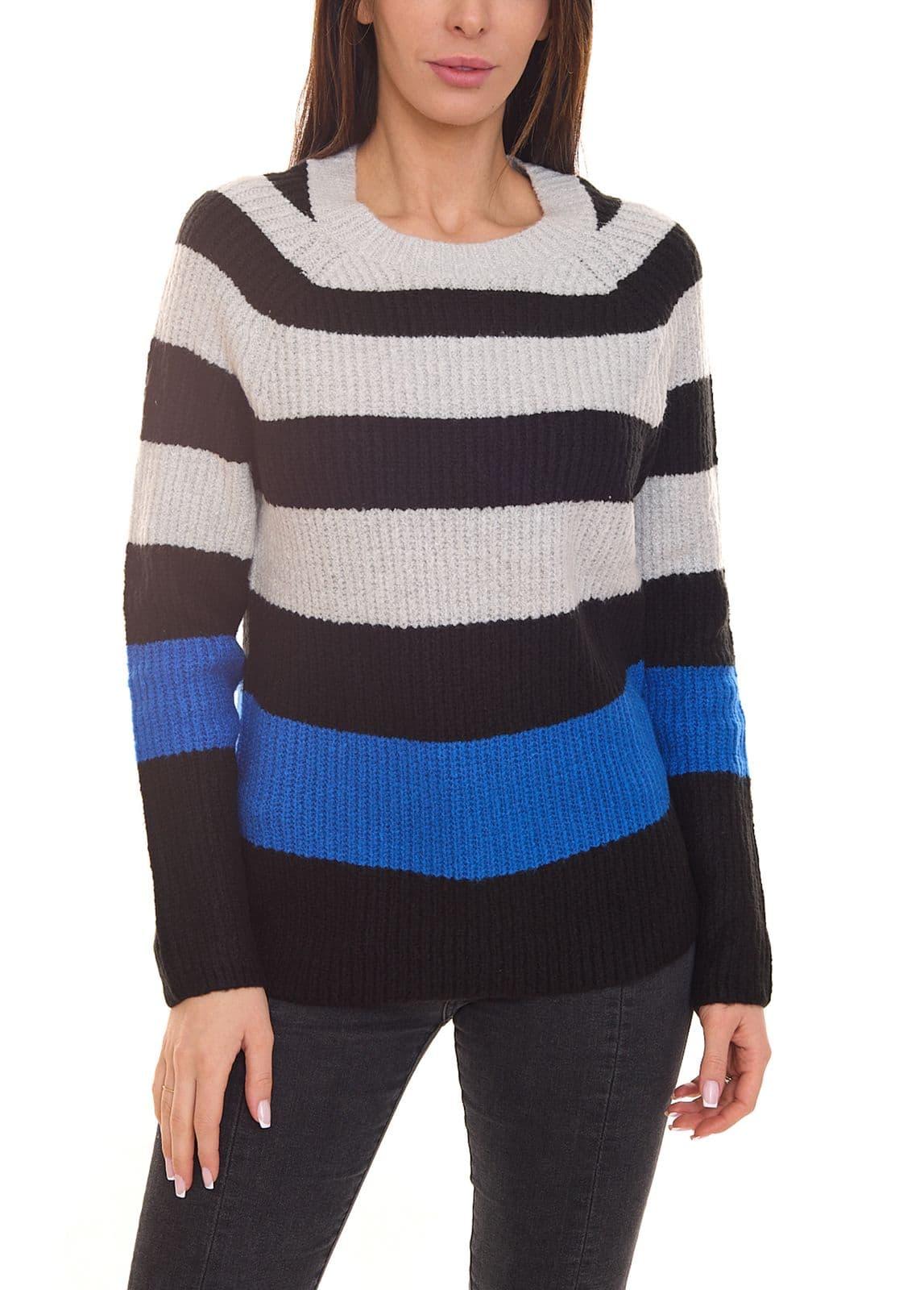 Aniston CASUAL Jersey de punto para mujer Jersey a rayas con cuello redondo negro/gris/azul