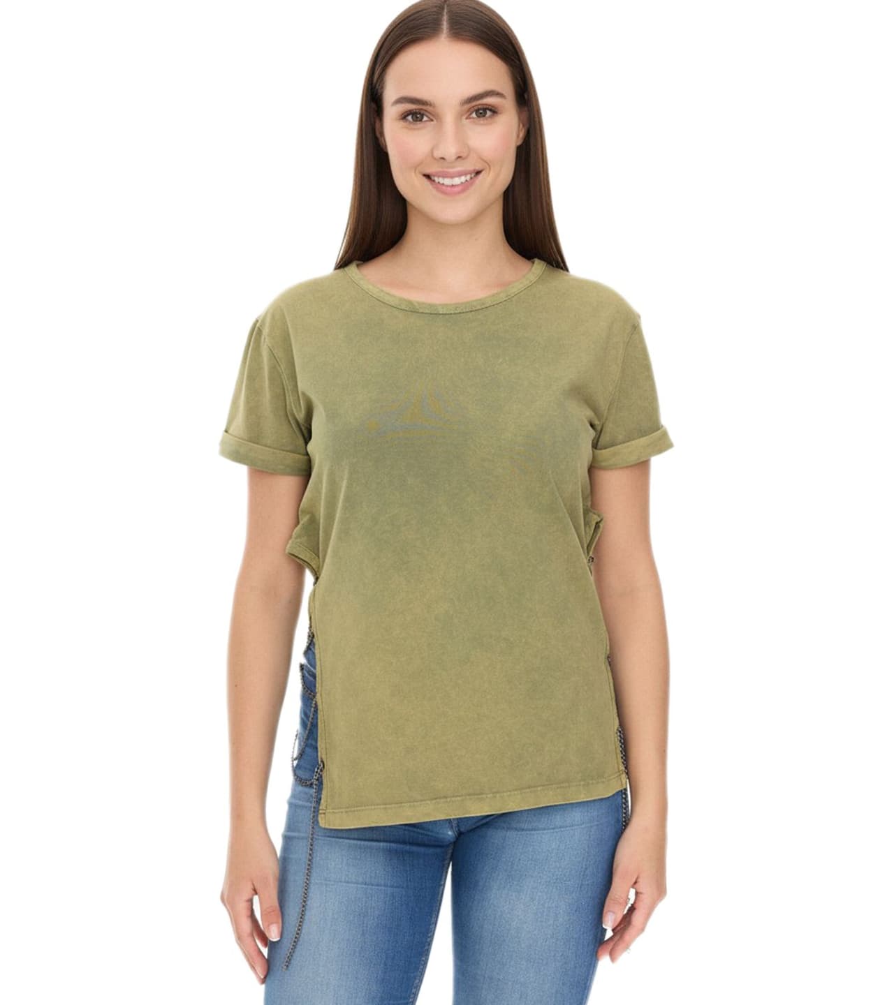 Rockupy Camiseta para mujer, de manga corta y con abertura lateral, de algodón, cuello redondo, 393828, verde