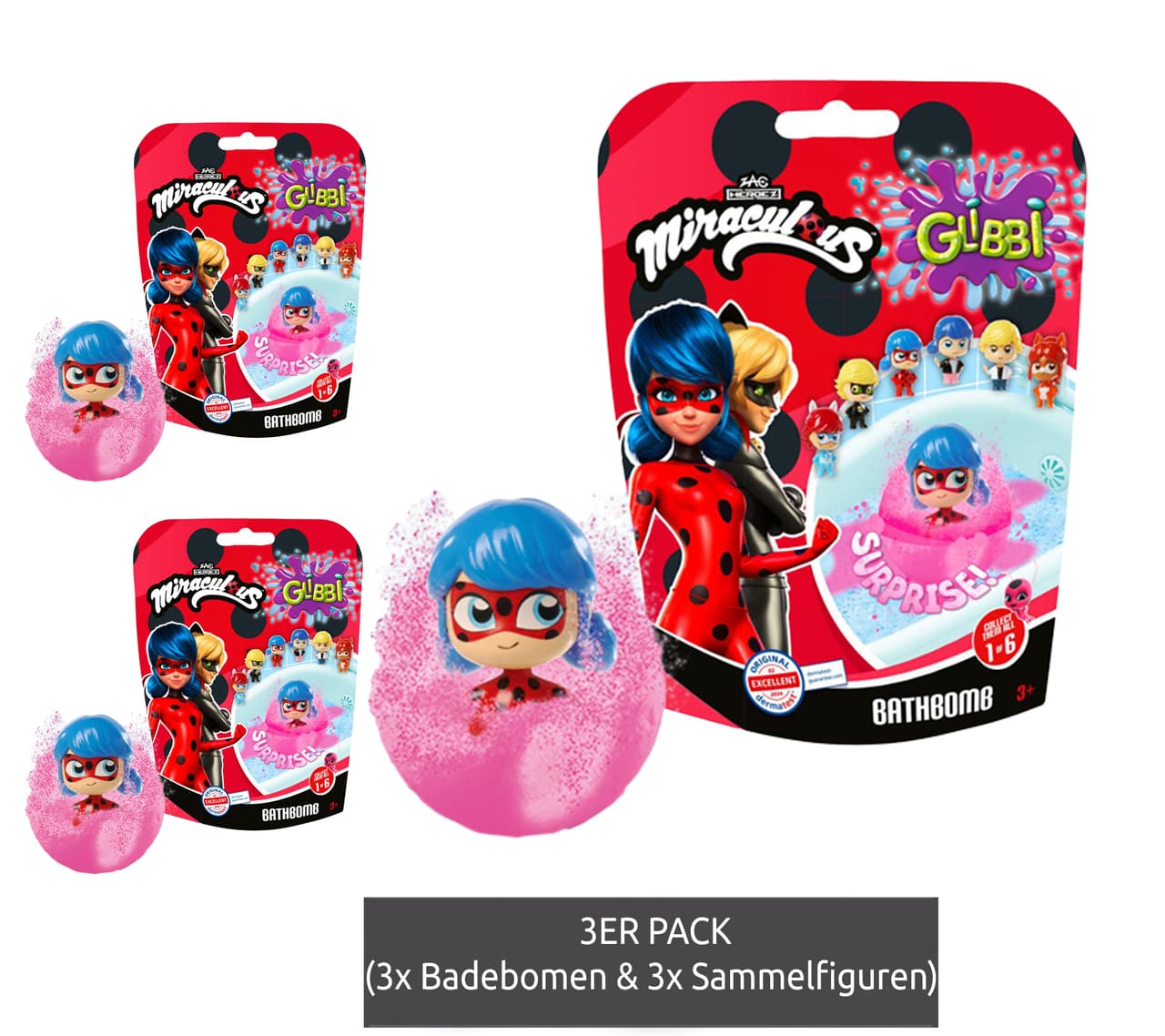Simba Pack de 3 bombas de baño sorpresa Glibbi Miraculous para niños con figuras coleccionables de Miraculous, a partir de 3 años, 100 g, 105953972, azul, verde, rosa o naranja