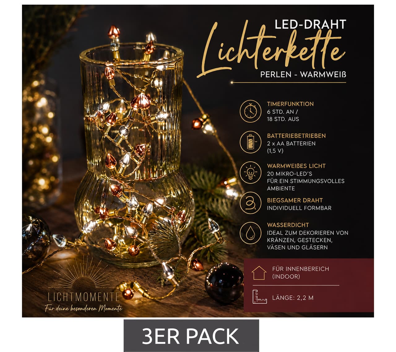 Lichtmomente Guirnalda de luces Sparkling Light Moments (paquete de 3) con temporizador, 2,2 metros, 20 bombillas micro LED blancas cálidas, cable LED, Dorado