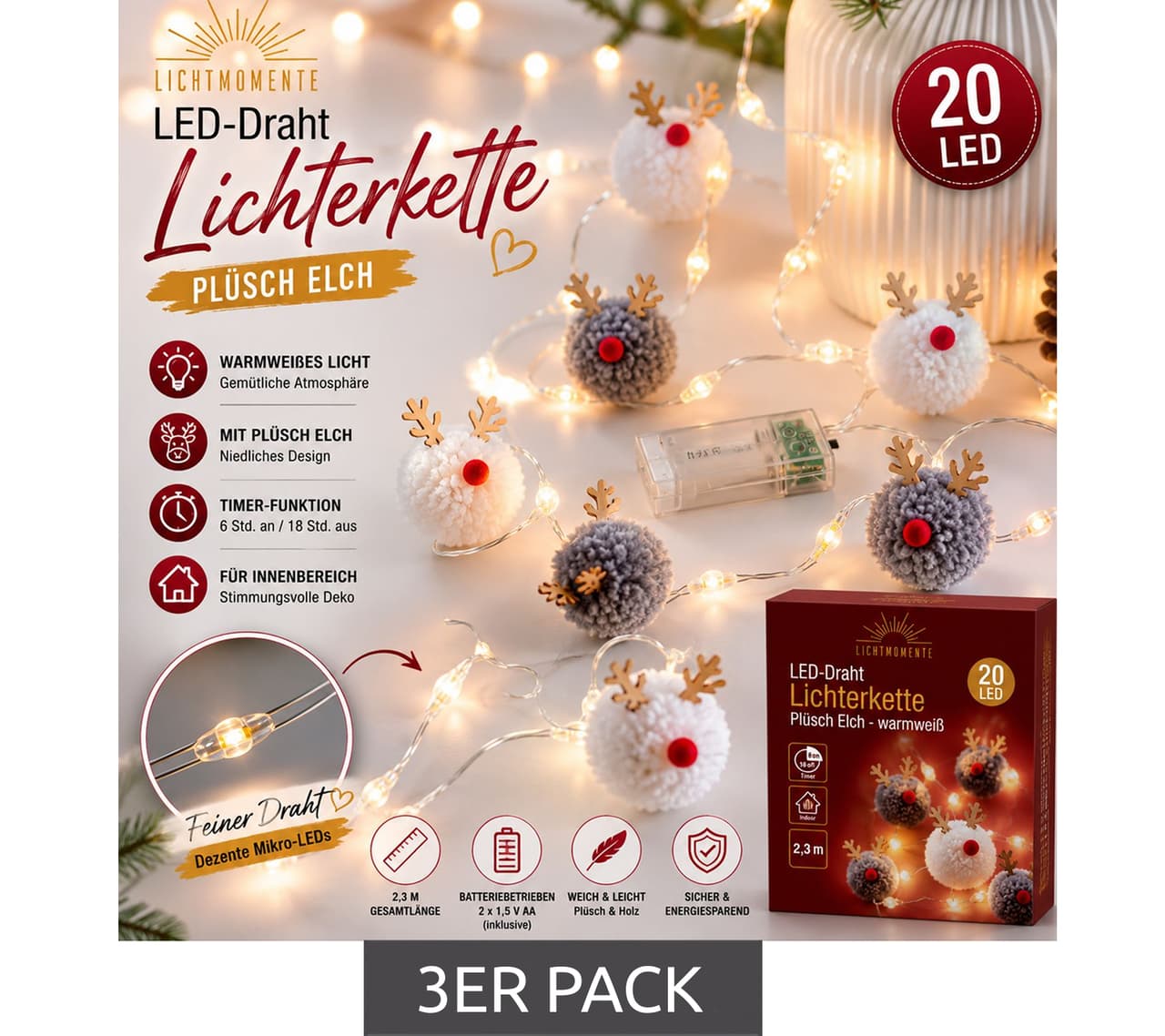 Lichtmomente Paquete de 3 guirnaldas de luces LED LIGHT MOMENTS con diseño de alce de peluche, función de temporizador, 2,3 metros, 20 micro LEDs blanco cálido, Plata