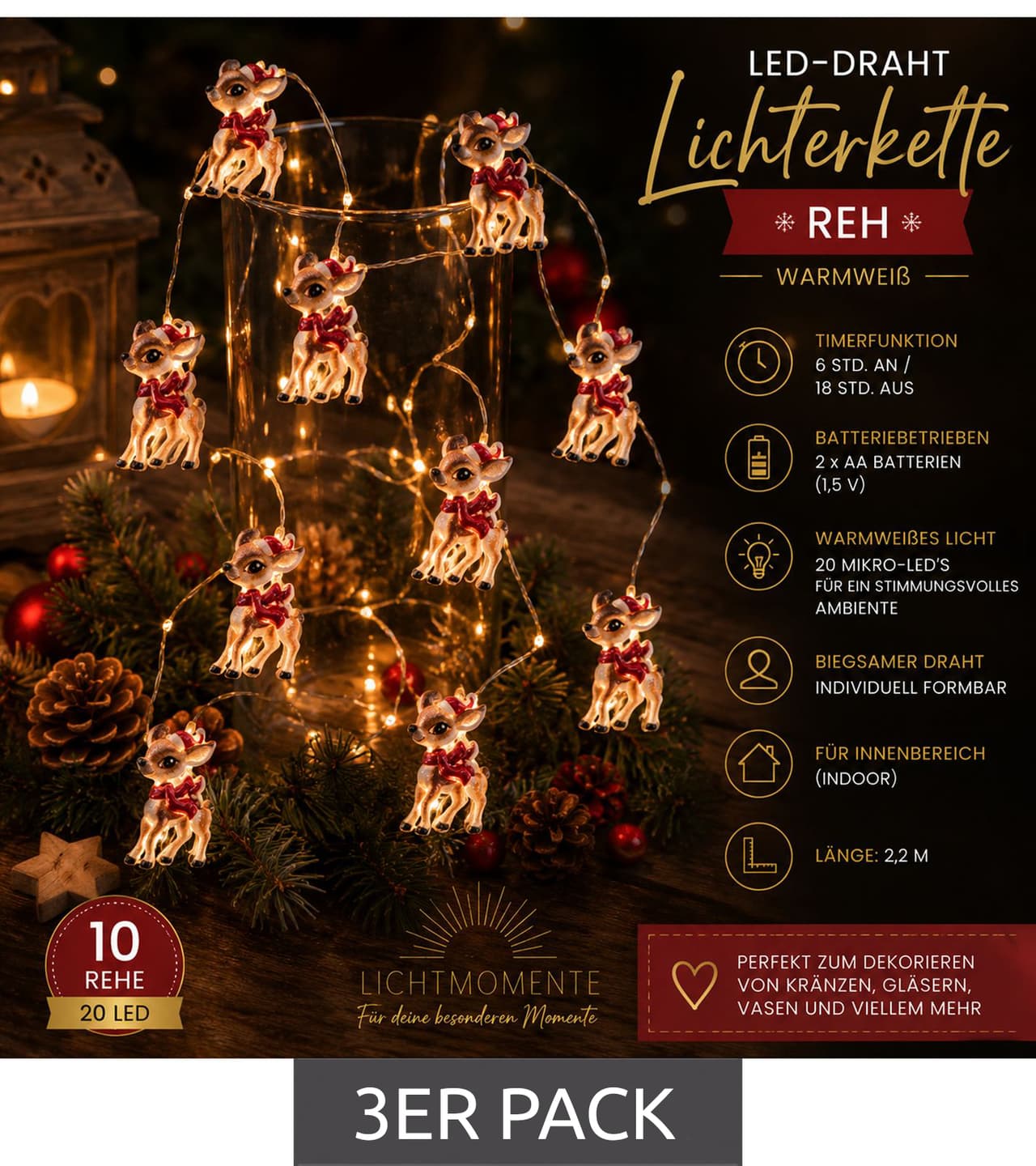Lichtmomente Paquete de 3 guirnaldas de luces LED Sparkling Light Moments con diseño de ciervo, temporizador, 2,2 metros, 20 micro LEDs blanco cálido, Plata