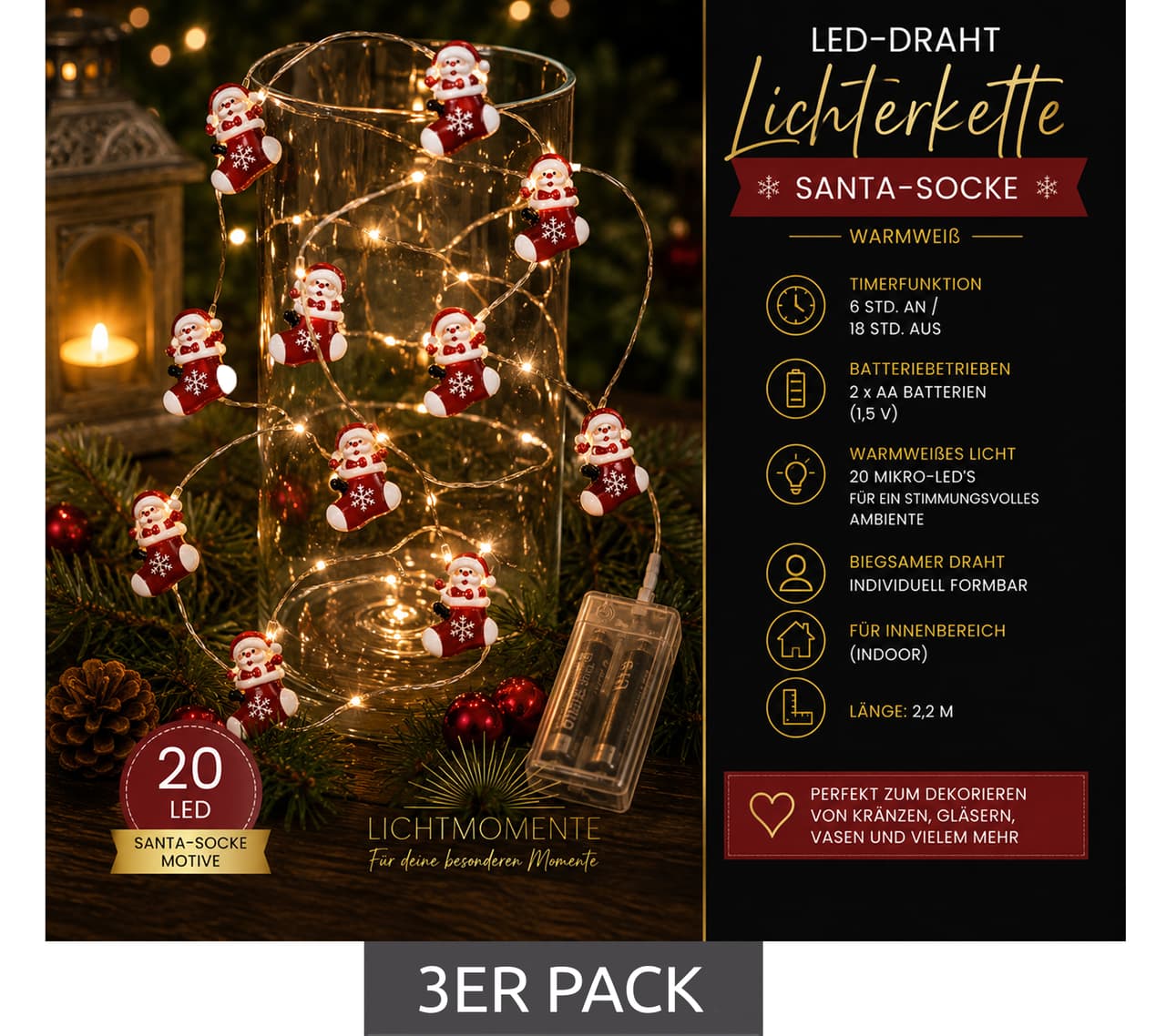 Lichtmomente Paquete de 3 luces LED para crear ambientes especiales: Guirnalda de luces LED con diseño de calcetín de Papá Noel, función de temporizador, 2,2 metros, 20 micro LEDs blanco cálido, Plata