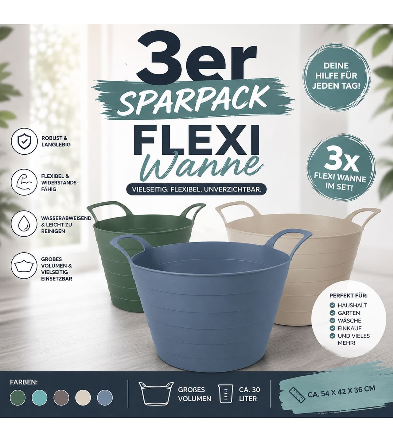 O46RW (MB9) Pack económico de 3 unidades: prácticos capazos flexibles de 30 litros con asas ergonómicas – Recipiente multiusos, cesta para la ropa y cesta de jardín – Aprox. 54 × 42 × 36 cm – Color no seleccionable