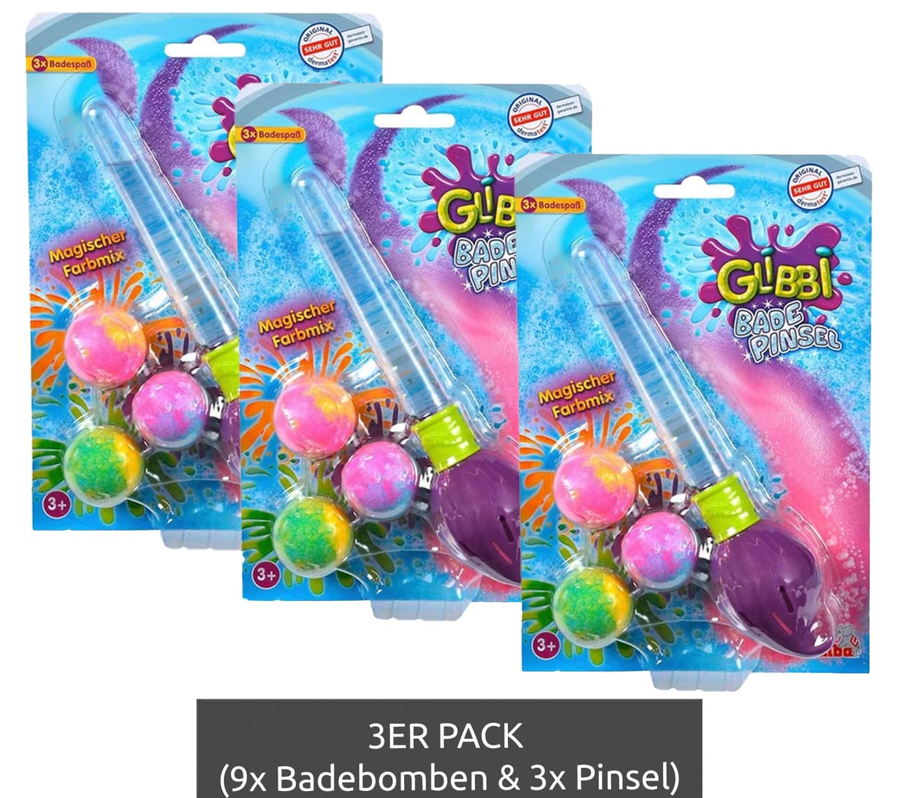 Simba Set de 3 Cepillos de Baño GLIBBI, Bombas de Baño Mágicas para Niños con Cepillos Brillantes, Set Recargable, Paquete Económico de 3 x 30 g, 105953570, Morado/Multicolor