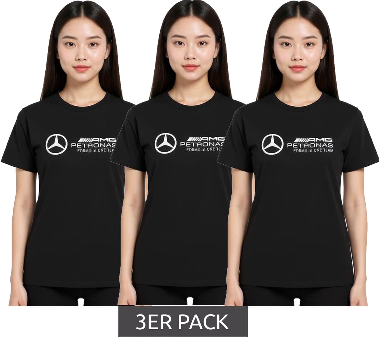 Mercedes-Benz Pack de 3 camisetas AMG Petronas F1 MAPF para mujer, de algodón con logotipo grande y manga corta, 001, color negro