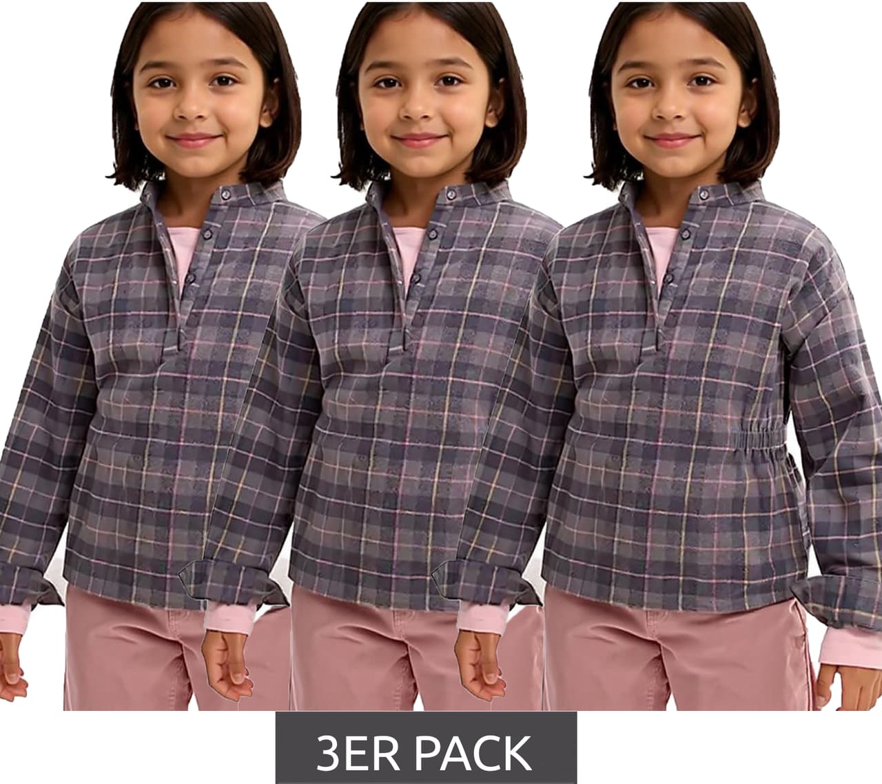 O46BPX (MB1) Pack económico de 3 blusas de franela para niña, camisa de algodón con cintura fruncida y cierre de botones, gris/rosa