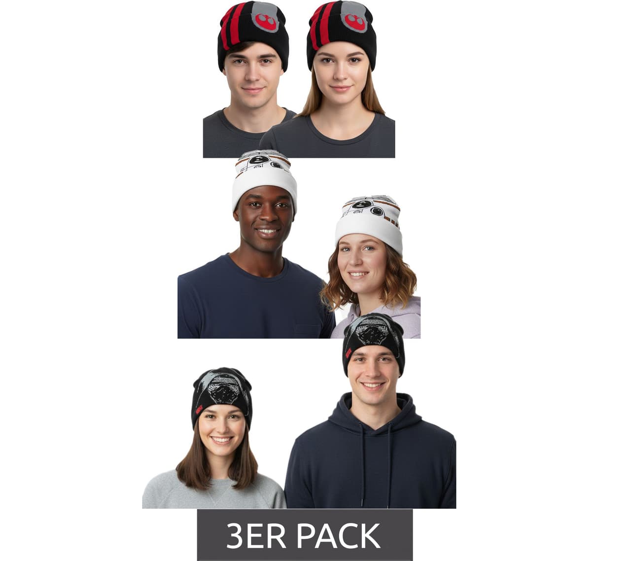 BioworldMerch Pack de 3 gorros de Star Wars para hombre o mujer, talla única, artículo para fans, gorro de invierno en blanco o negro