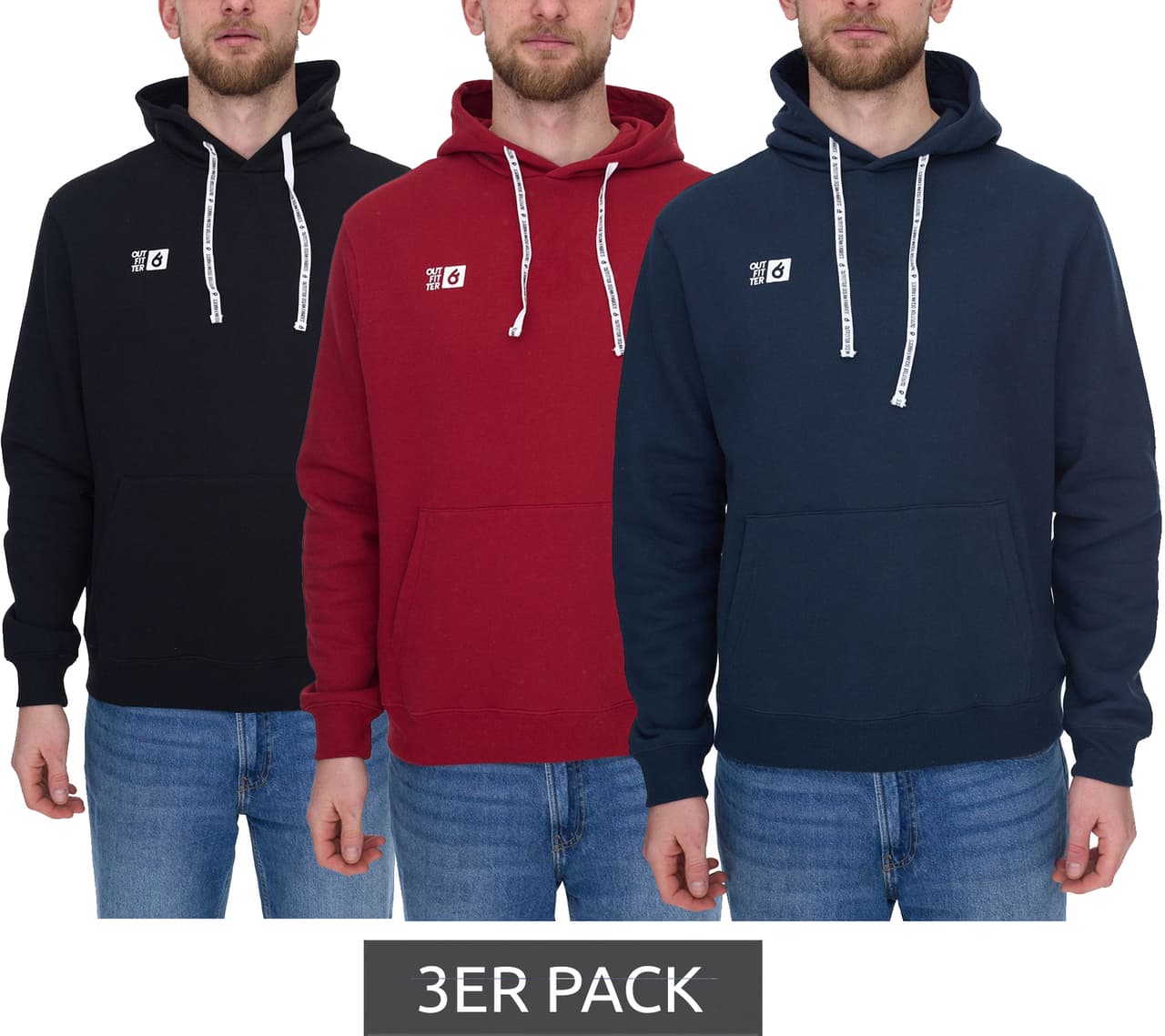 Outfitter Pack de 3 sudaderas con capucha para hombre Outfitters Ocean Fabrics Thai suéter con capucha sostenible en estilo básico negro, rojo o azul oscuro