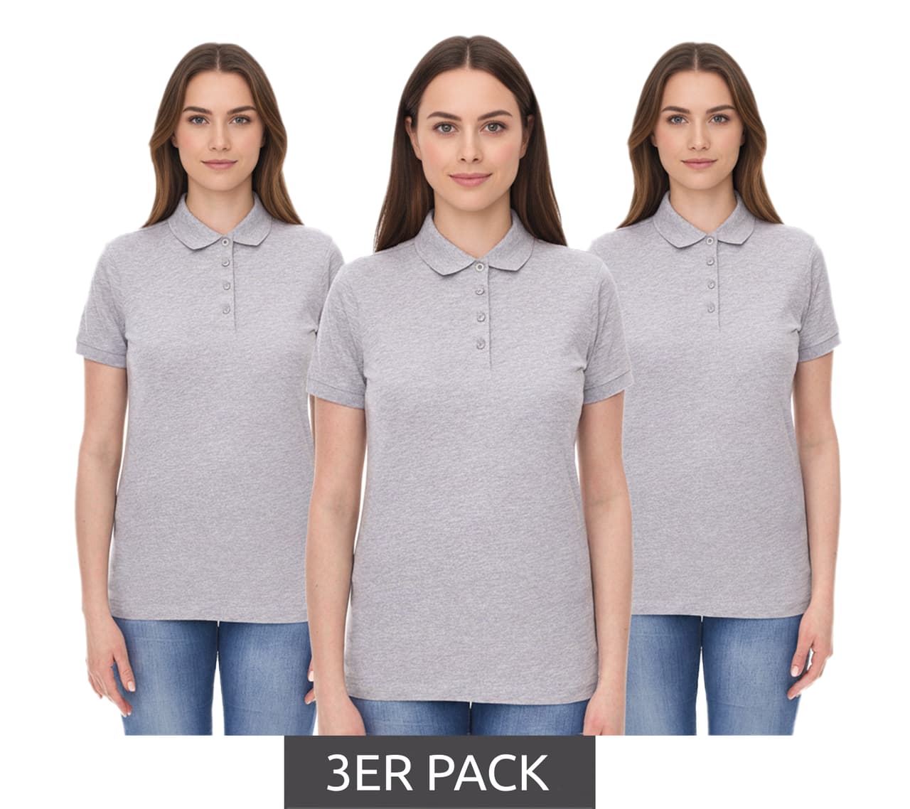 Santino Polos de algodón orgánico Mathias para mujer, paquete de 3, manga corta jaspeada, 180 g/m², gris
