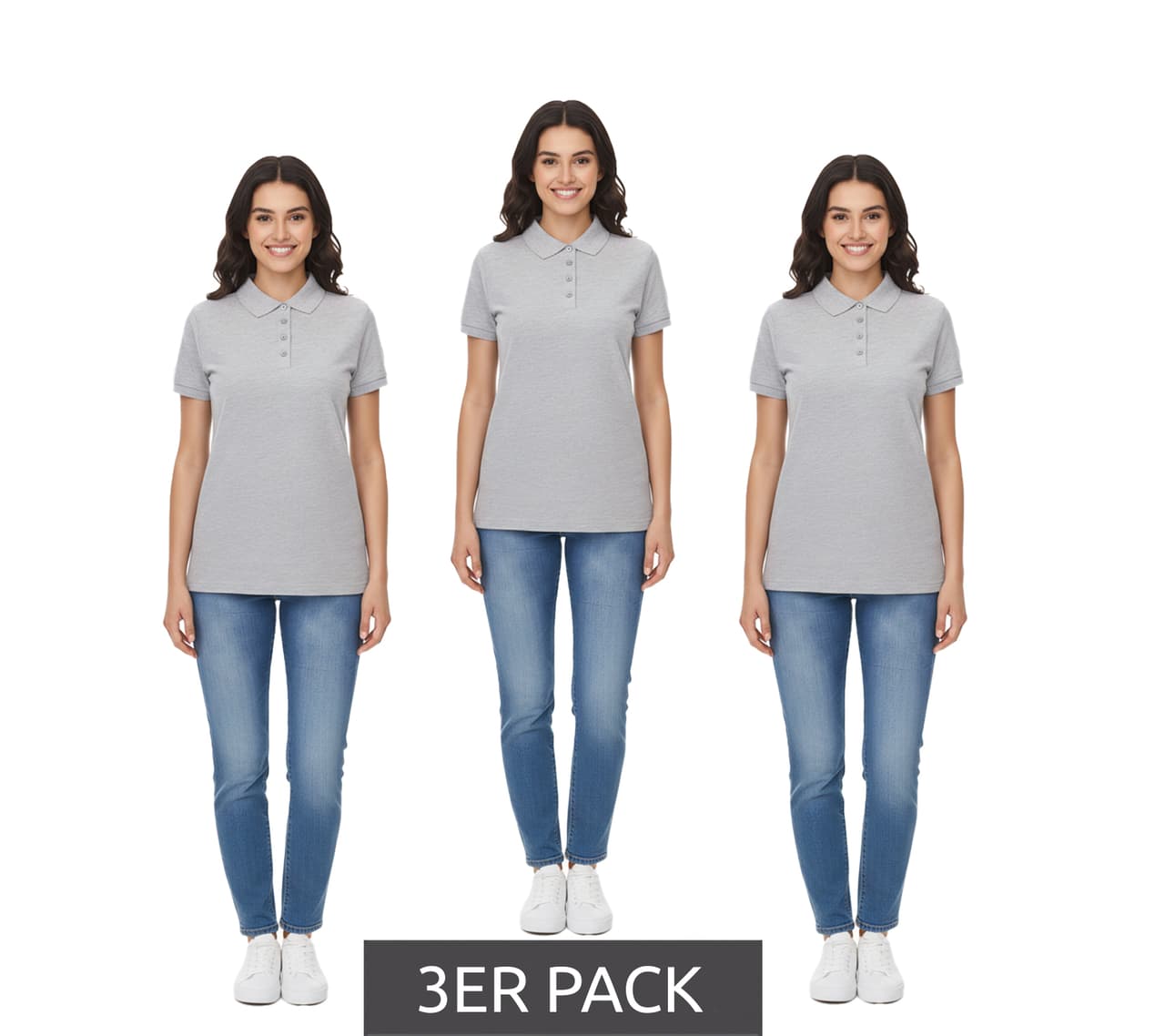 Santino Polo Mika para mujer, paquete de 3, algodón orgánico, con tapeta de 4 botones, manga corta, jaspeado, 210 g/m², gris