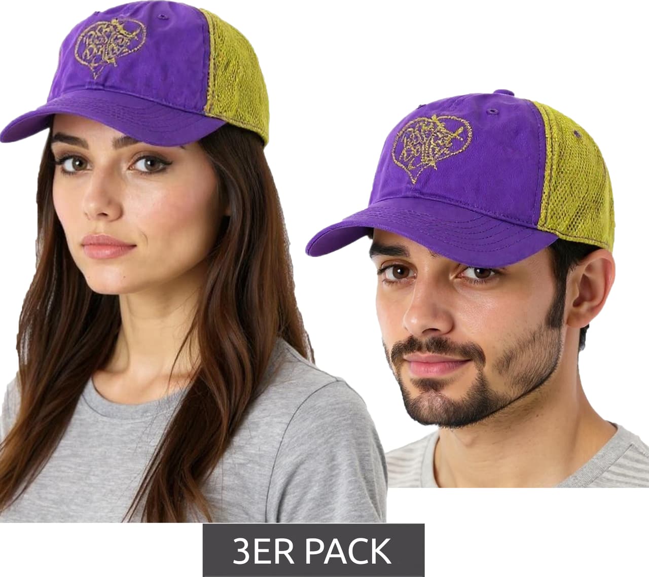BioworldMerch Gorra de béisbol unisex de las Pussycat Dolls (paquete de 3) con panel de malla transpirable, de algodón y estilo fan (morado/dorado)
