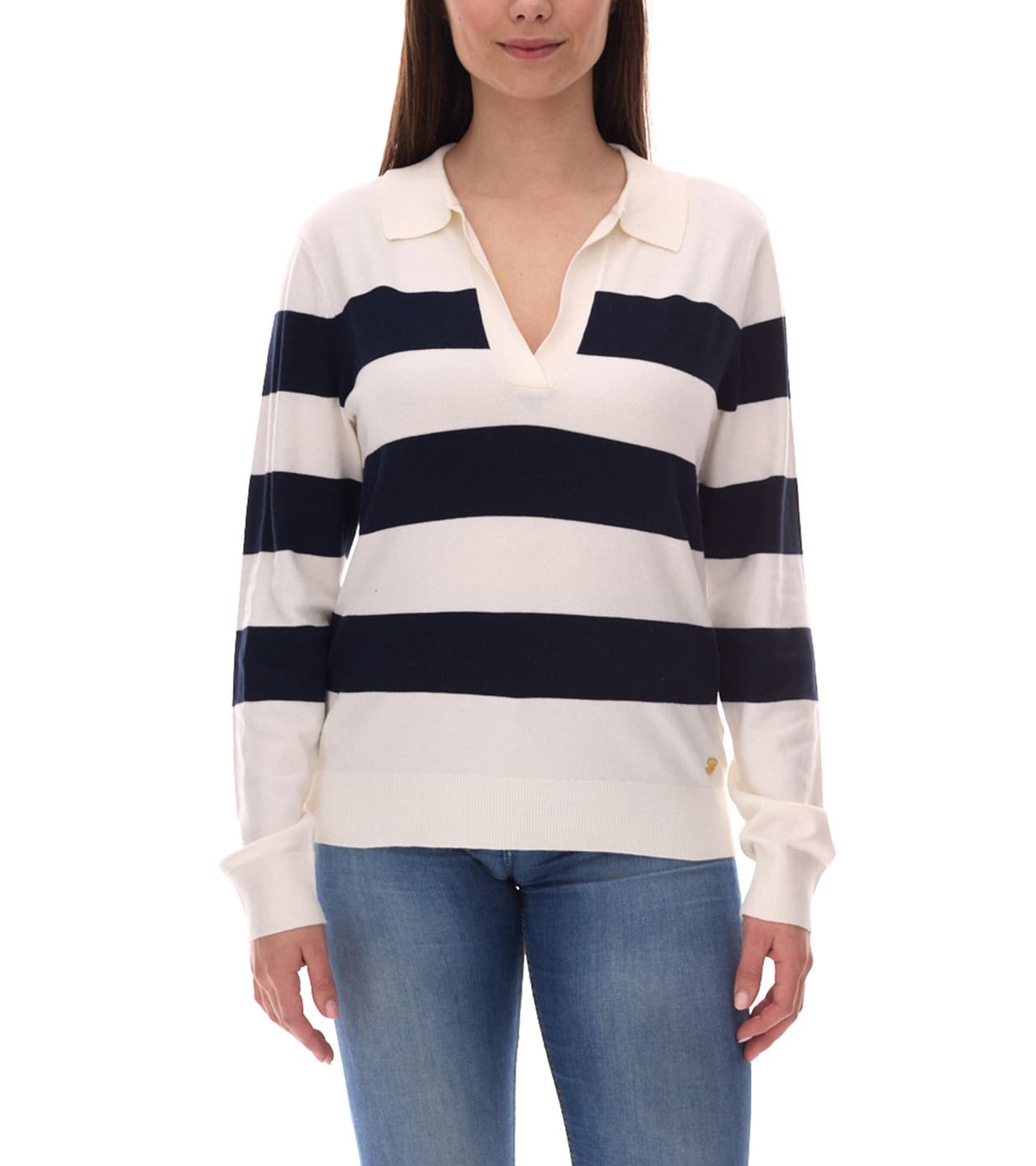 Delmao Sudadera de mujer camisa de manga larga a rayas con cuello polo, manga larga Blanco/Azul marino