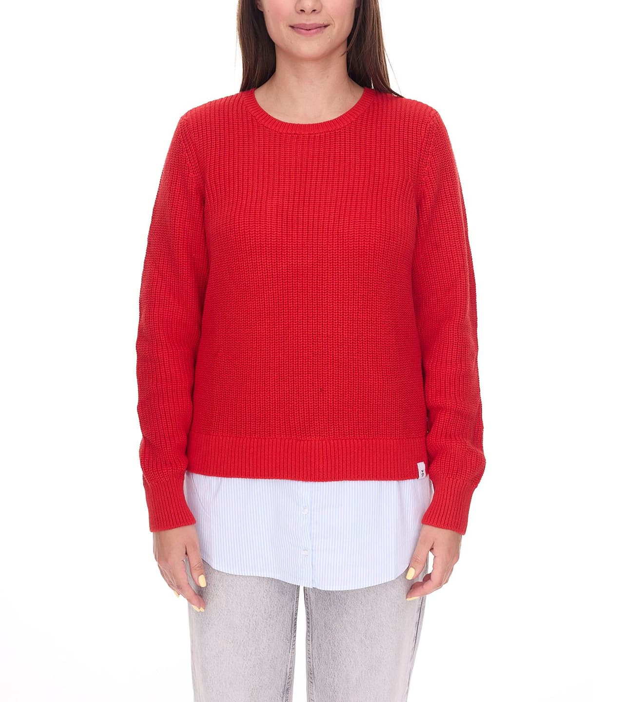 Delmao Suéter bordado para mujer con dobladillo tipo blusa, jersey de manga larga con look 2 en 1, Rojo