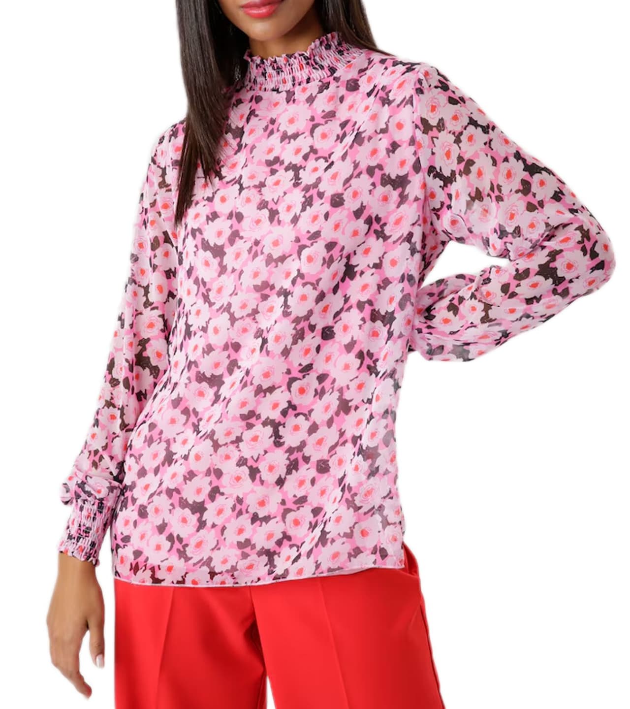 Aniston Blusa de verano para mujer SELECTED con estampado floral, manga larga y mangas transparentes Rosa/Negro