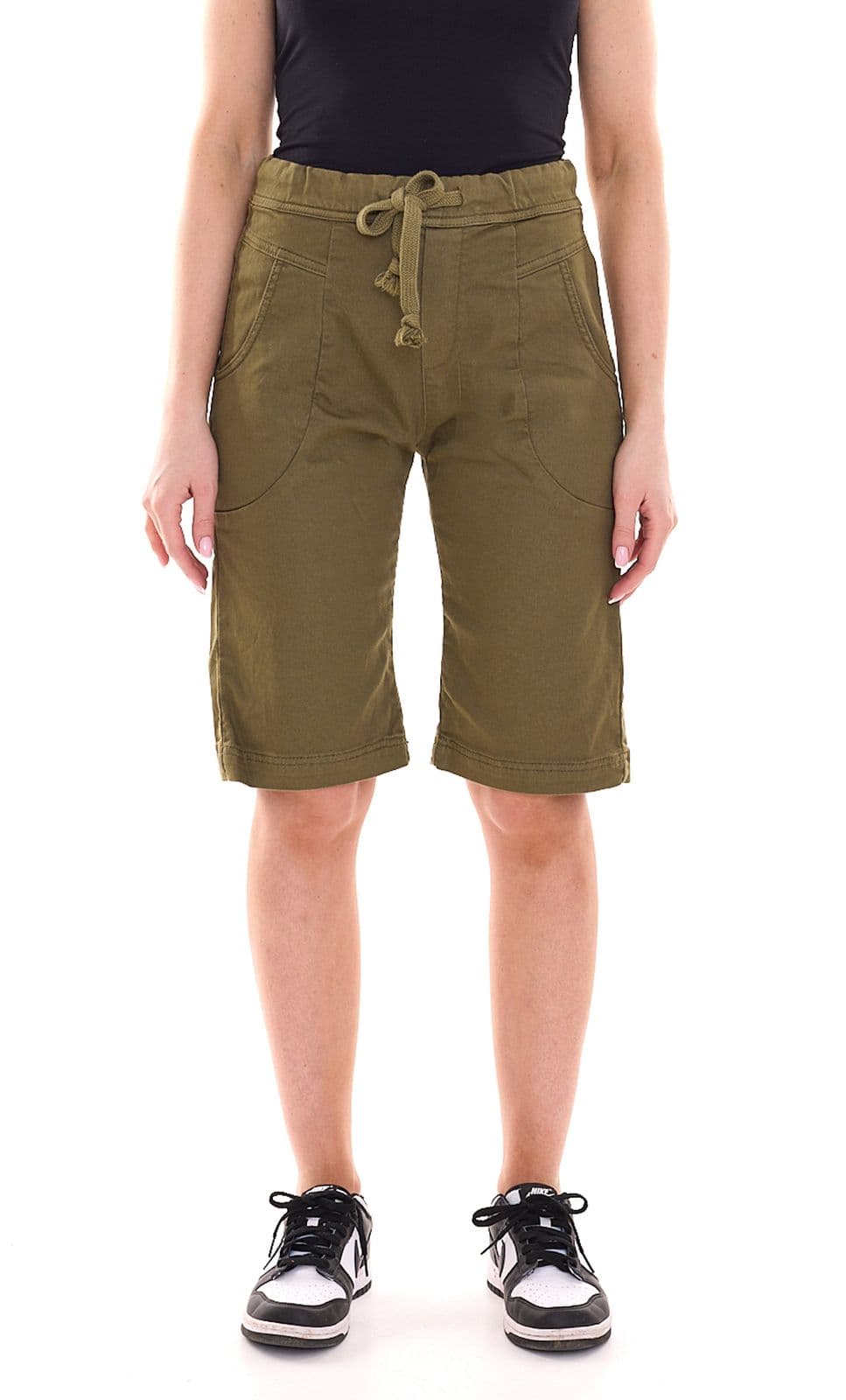 Please Bermudas de mujer de tela con tirantes para anudar Caqui