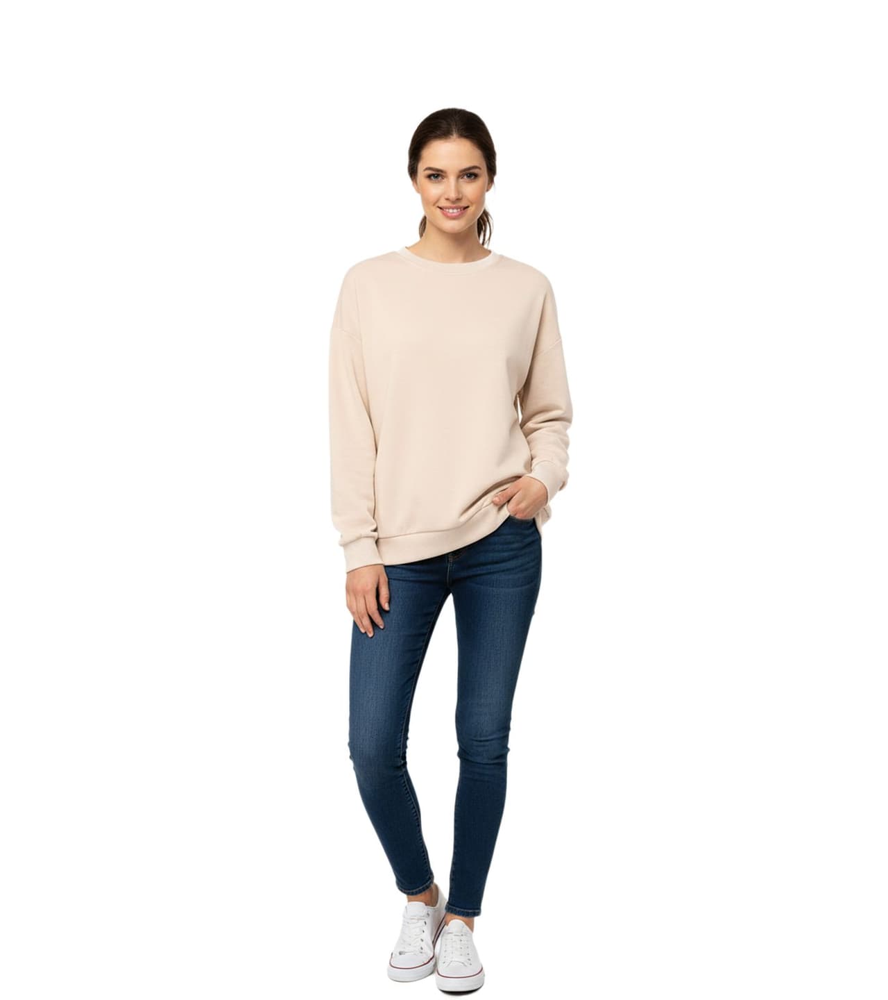 Zwillingsherz Suéter de invierno sencillo con cuello redondo para mujer Beige