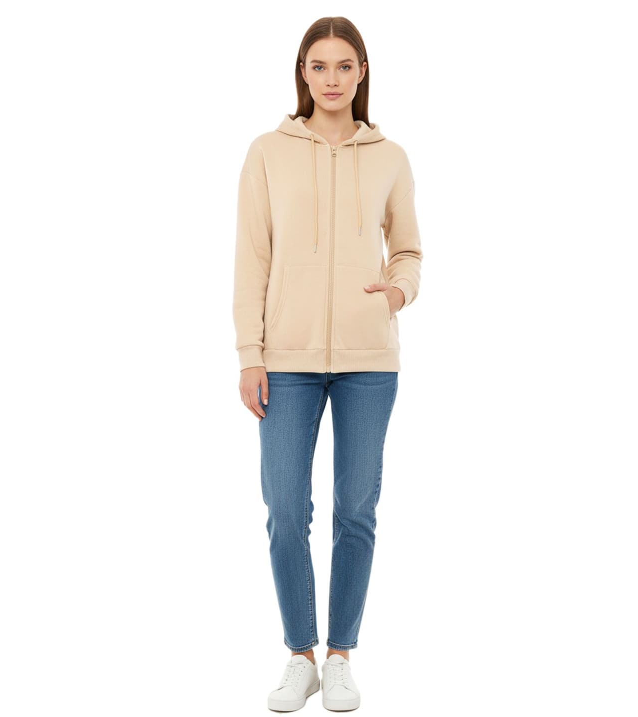 Zwillingsherz Sudadera con capucha y cremallera para mujer Beige