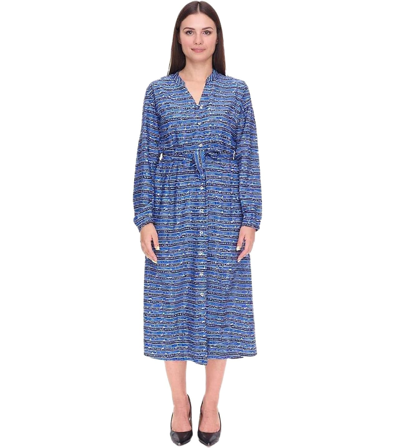 Delmao Vestido estilo blusa para mujer, blusa de verano con inscripción de la marca, camisa de manga larga, Azul