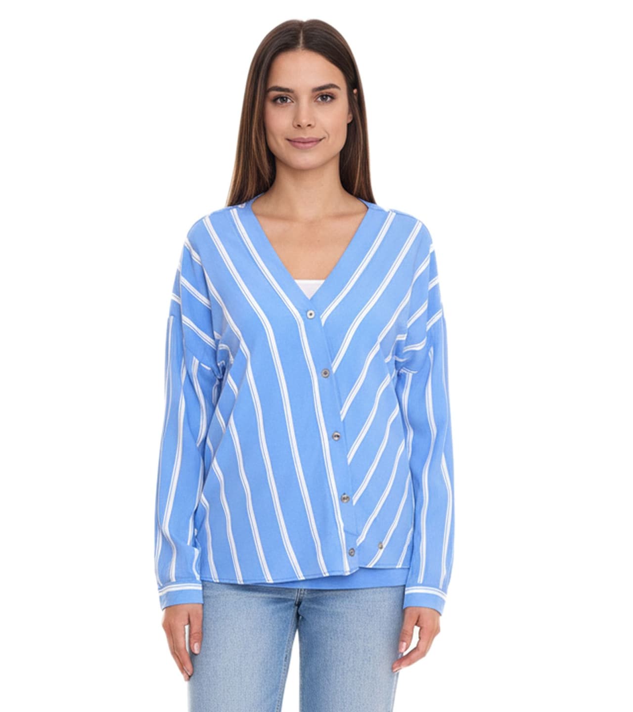 AjC Blusa sin cordones para mujer, blusa sostenible con cuello en V, a rayas azul/blanco