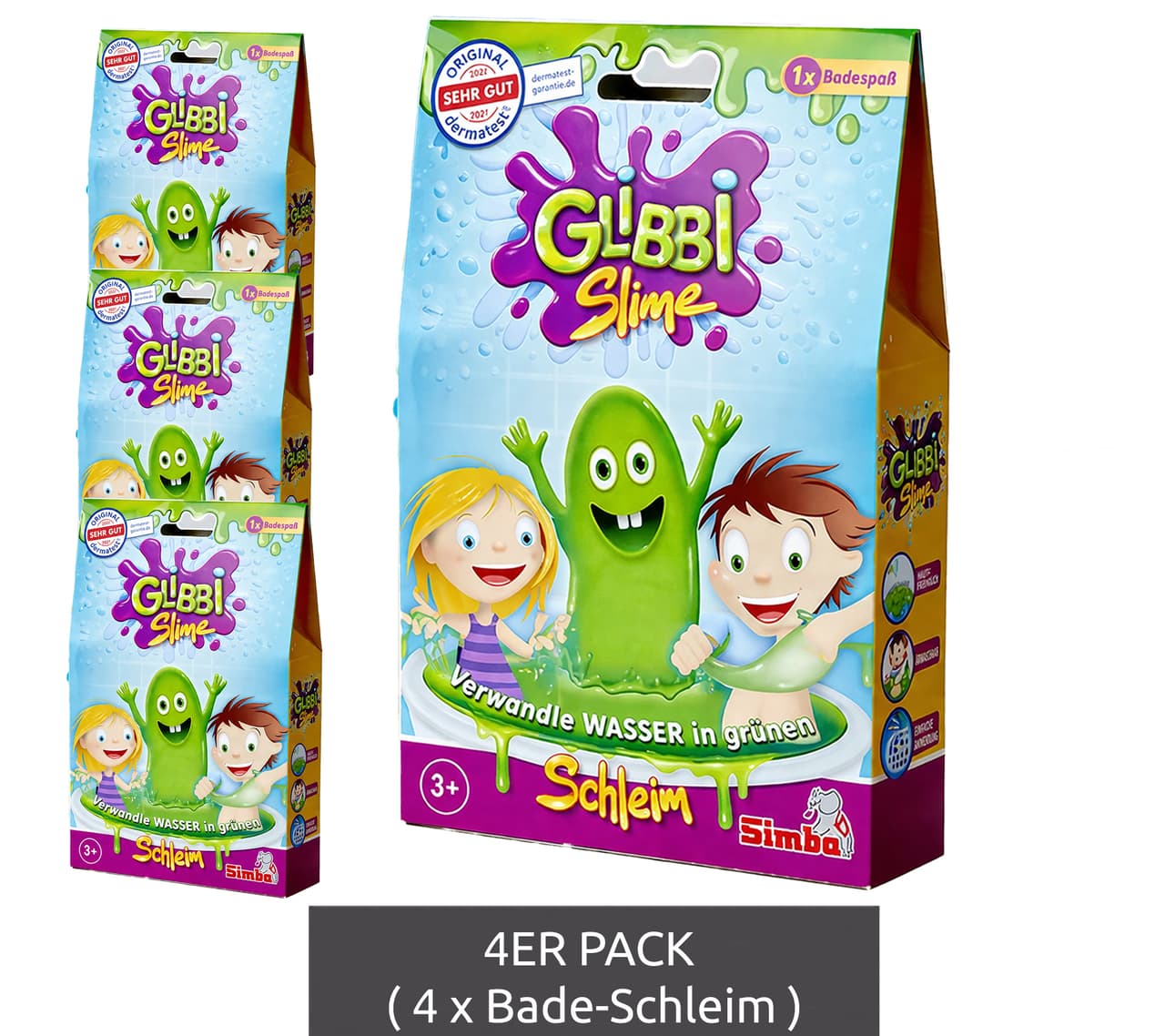 Simba Paquete de 4 unidades de GLIBBI Slime, un aditivo mágico para el baño, ideal para niños de 3 años en adelante. Juguete de baño divertido de 150 g, color verde.