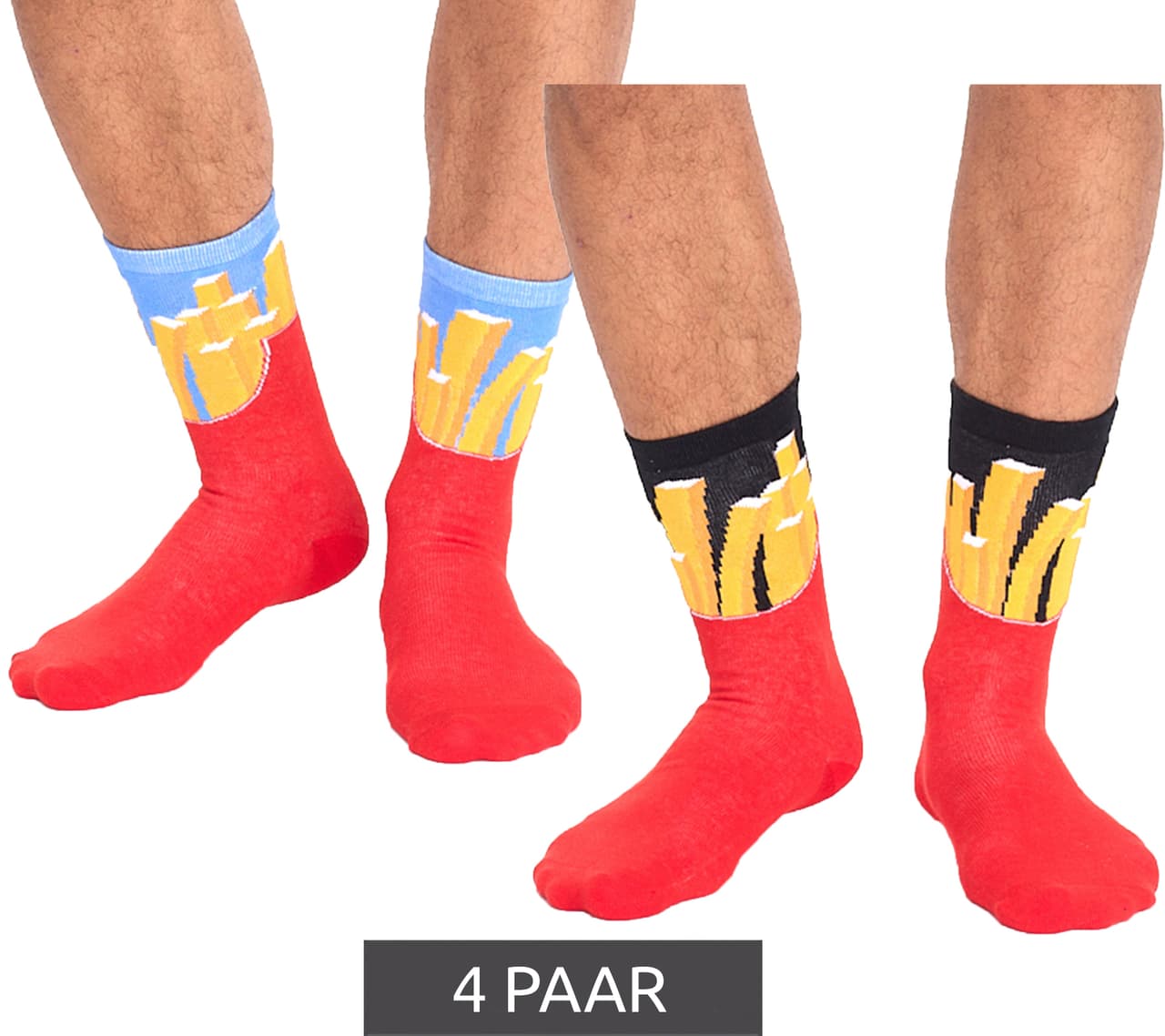 Tastiq 4 pares de calcetines para mujer y niño, de algodón con estampado de patatas fritas, largos, en una elegante caja de regalo con forma de bolsa de patatas fritas Rojo/Amarillo/Negro/Azul claro