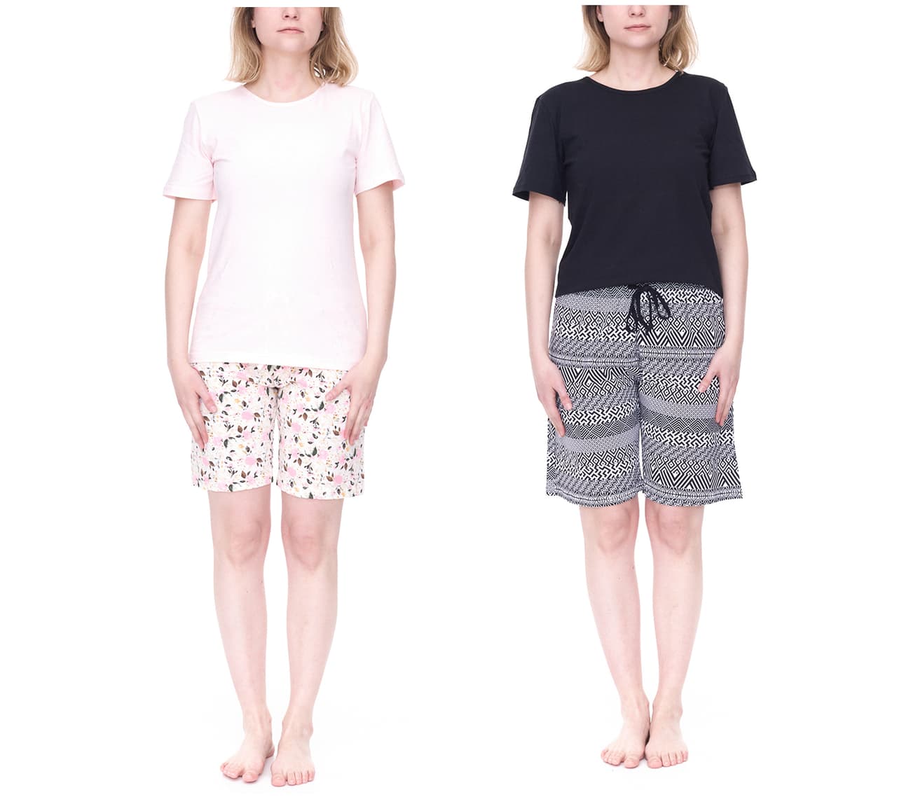 Cinque Pantalón corto de pijama de algodón para mujer Shorty con estampado floral, camisa de cuello redondo rosa/blanco o negro/blanco