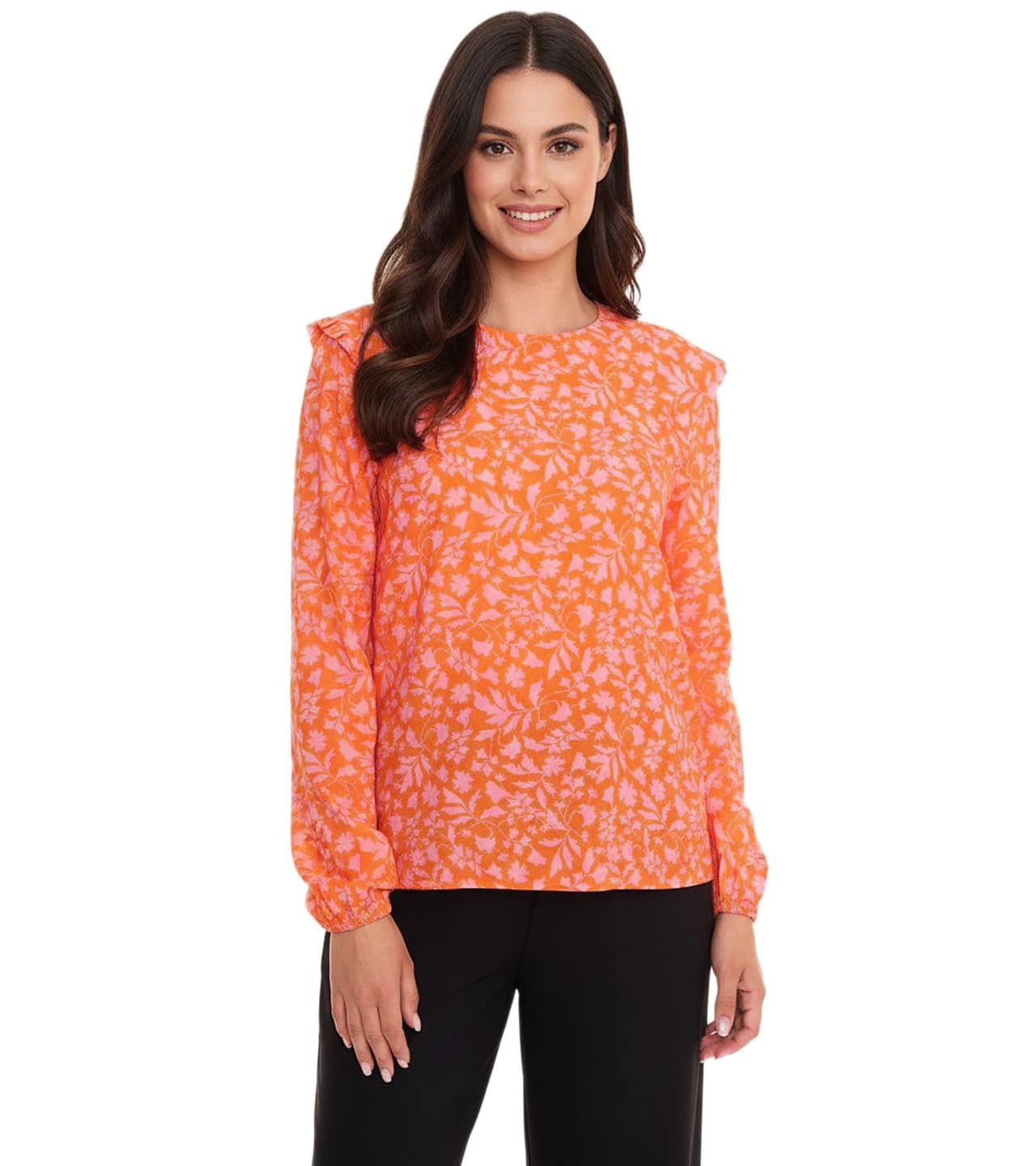 Tamaris Blusa blusa de mujer de manga larga con estampado floral y pequeños volantes naranja/rosa