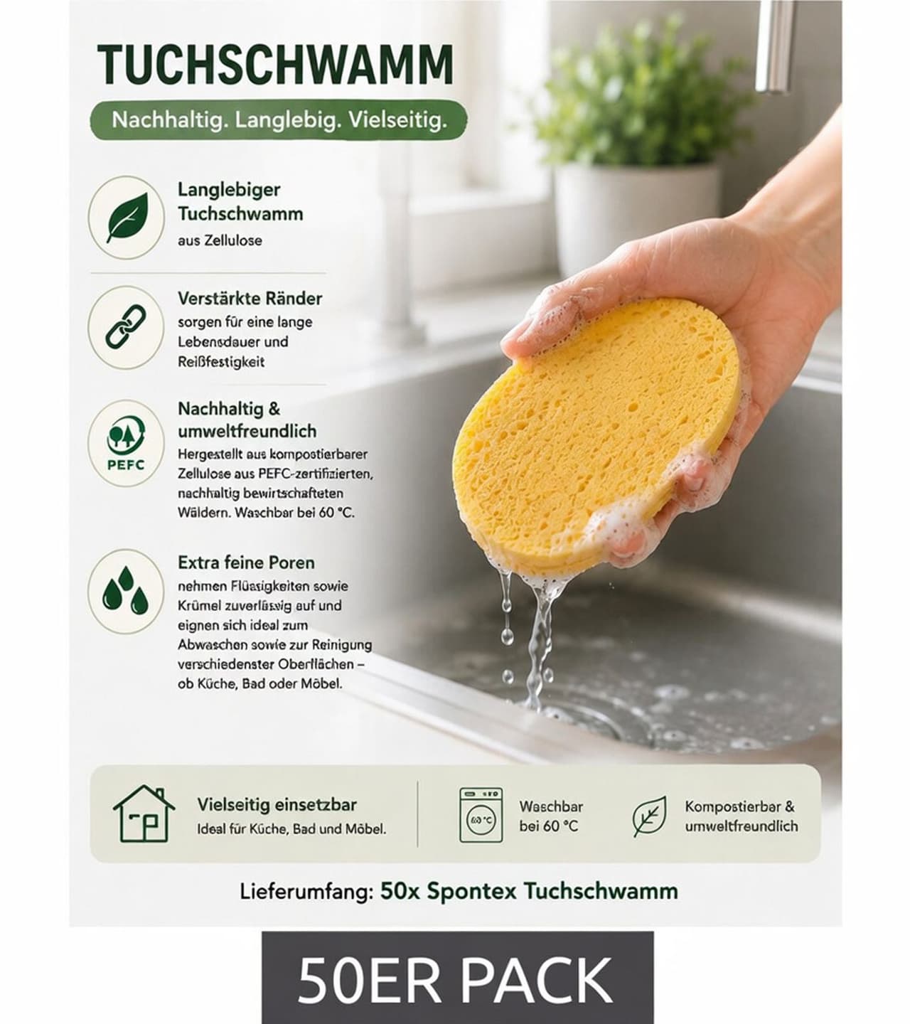Spontex Paquete de 50 esponjas de tela con alta capacidad de absorción para limpiar diversas superficies (Esponja de limpieza Amarilla)