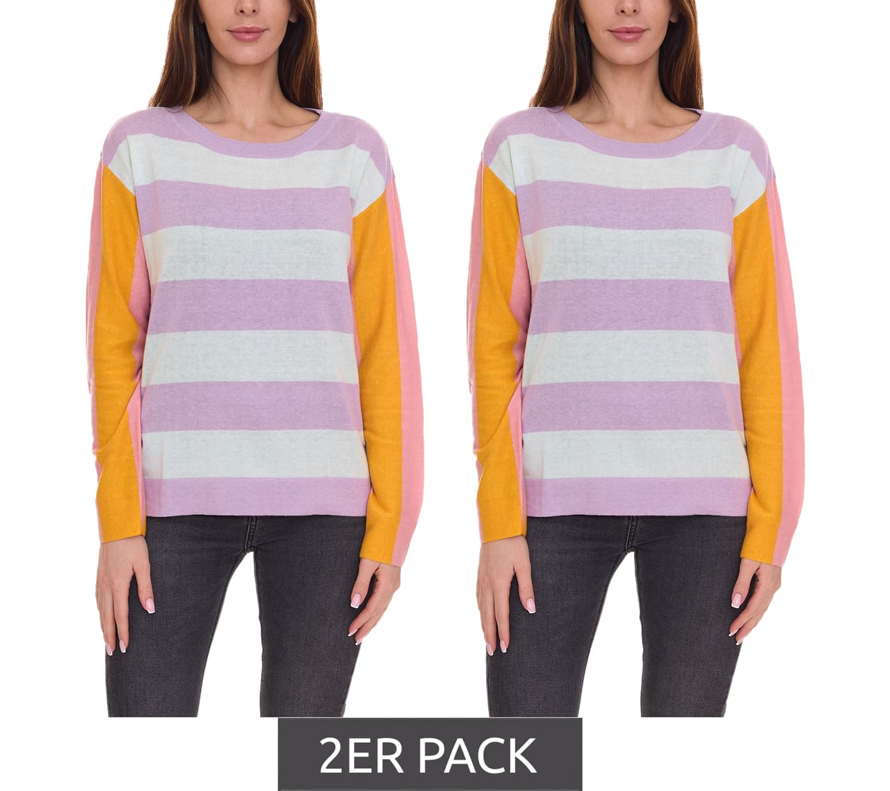 Aniston Paquete económico de 2 suéteres CASUAL, elegantes suéteres de punto para mujer con apariencia de bloques de color violeta/colorido