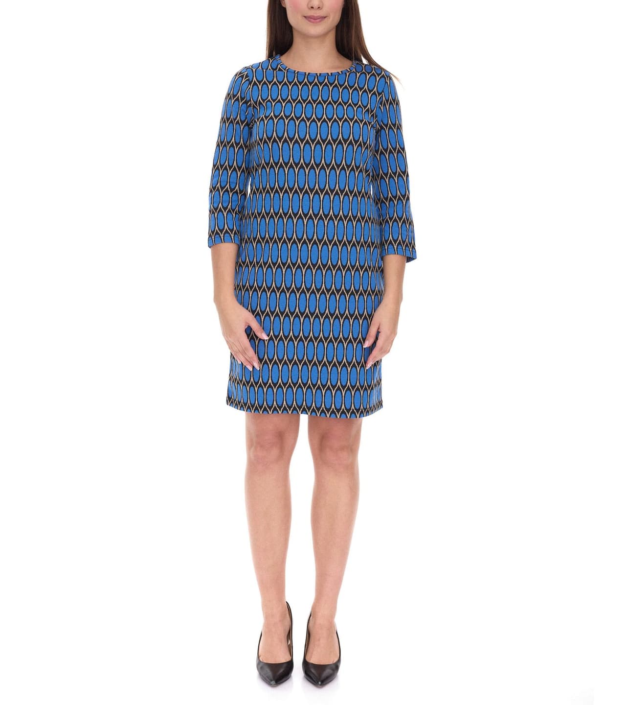Aniston Vestido de verano informal para mujer con estampado integral, minivestido de cuello redondo, 52386460, azul/negro