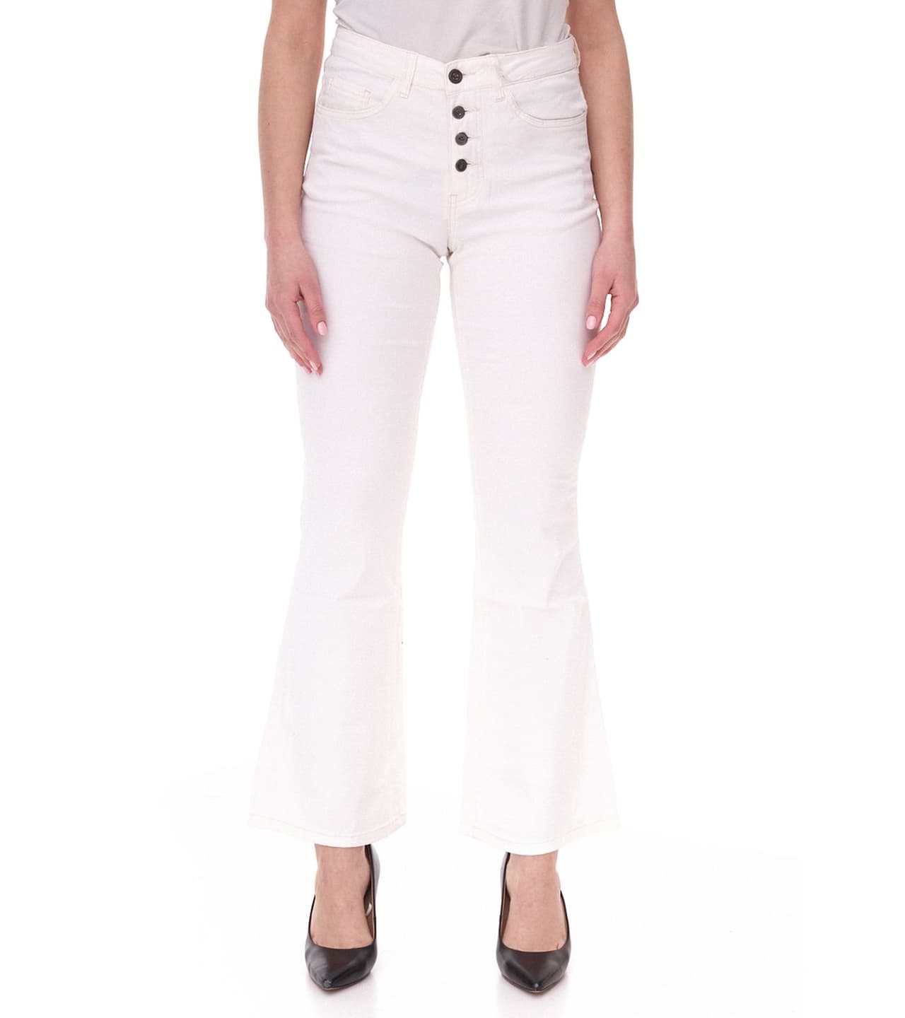 AjC Pantalones vaqueros de cintura alta para mujer Pantalones de algodón con corte acampanado y detalles de botones 5 bolsillos Lana Blanco