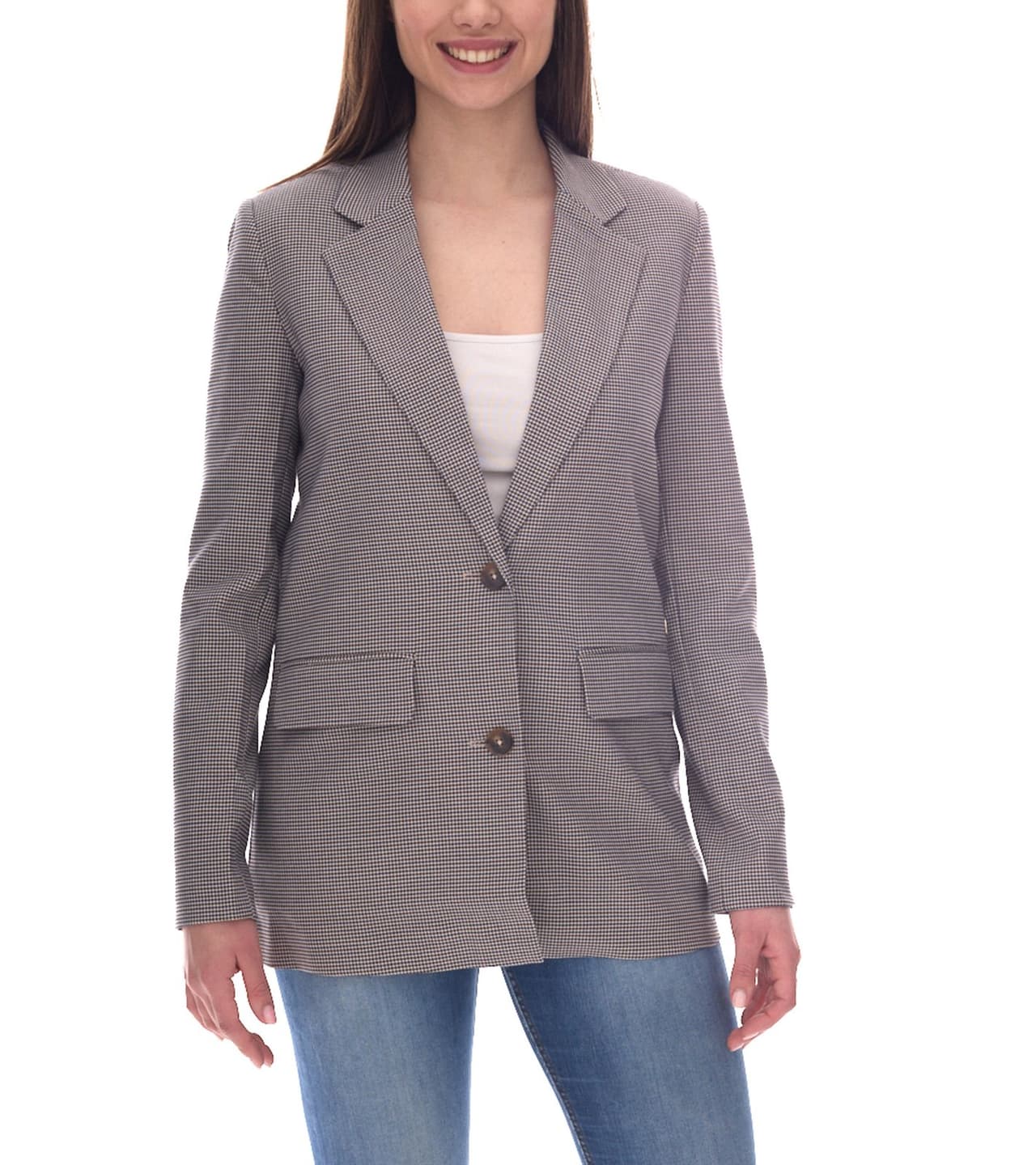 Delmao Chaqueta de traje para mujer con cuello de solapa, chaqueta de negocios a cuadros gris/azul/blanco