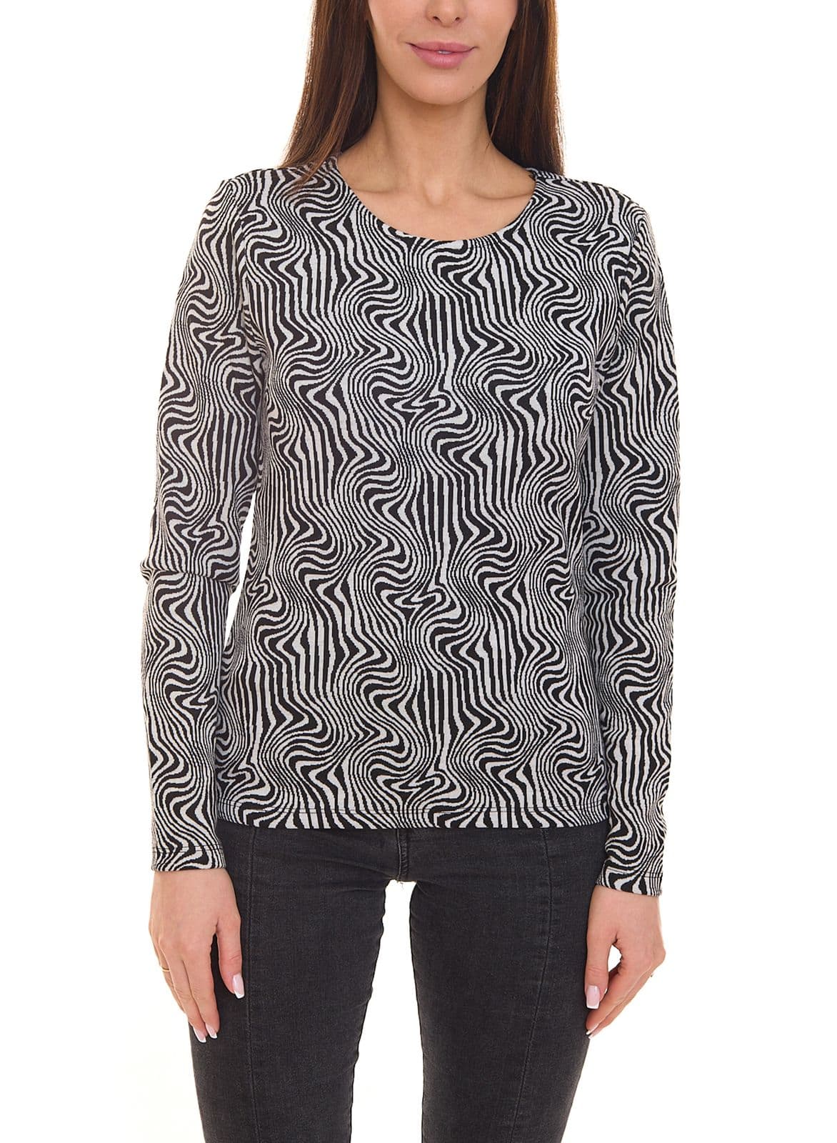 Aniston CASUAL Blusa de mujer de manga larga, elegante blusa de mujer con estampado integral negro/blanco