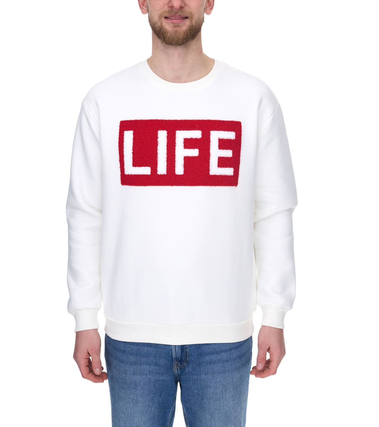 vsct Jersey de hombre Life con cuello redondo y parche flocado en el pecho crudo/blanco