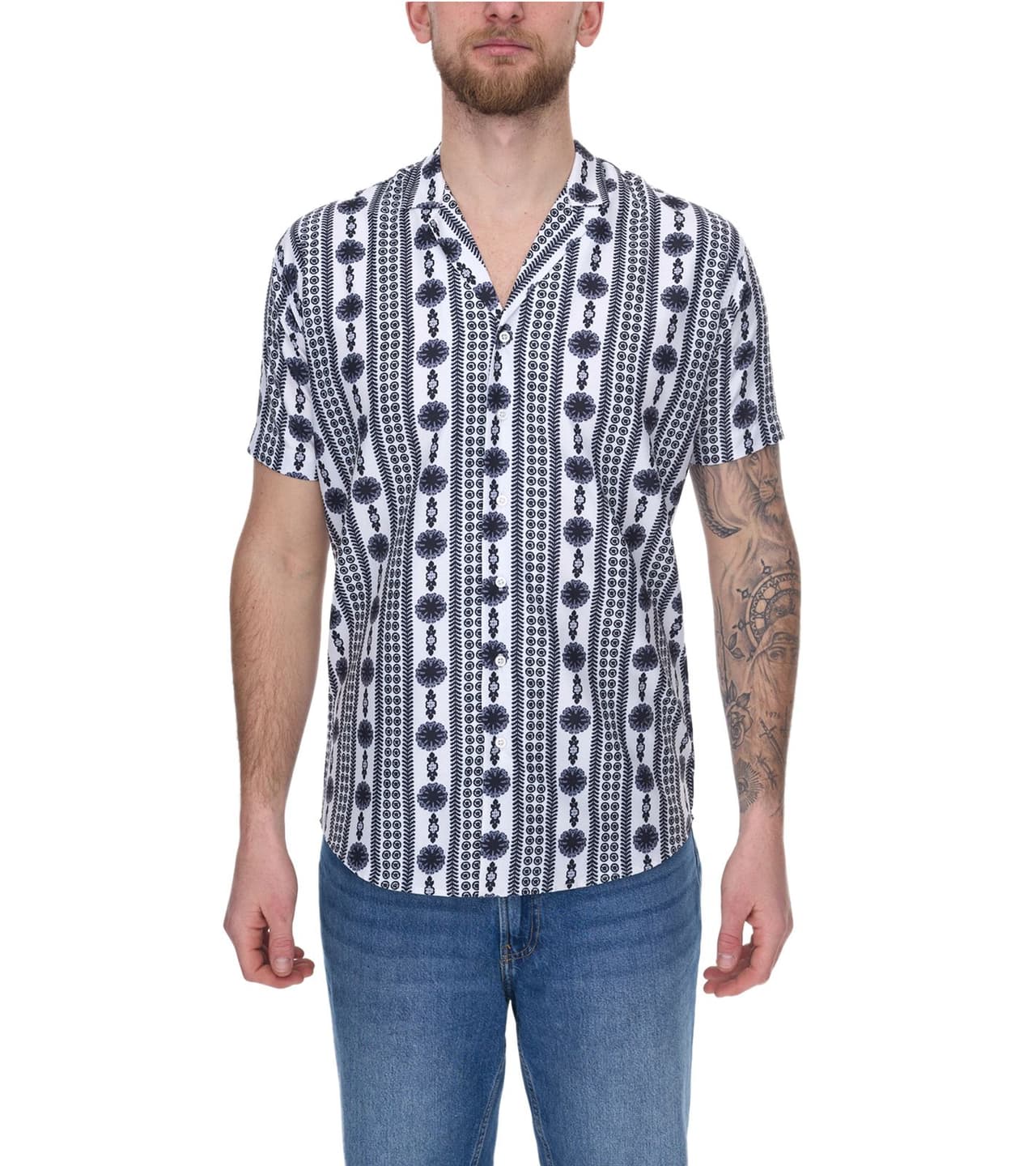 vsct Clubwear camisa de hombre con estampado Geomatrix integral, camisa de manga corta con tapeta de botones blanco/negro