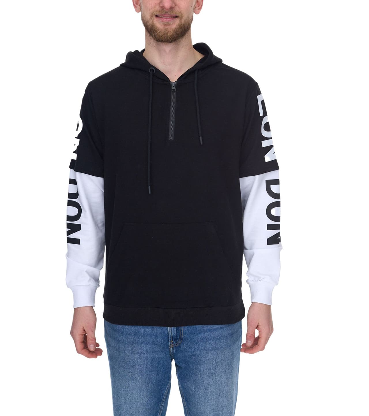 vsct LonDon 2In1 sudadera con capucha para hombre con aspecto 2 en 1, suéter con capucha de algodón negro/blanco