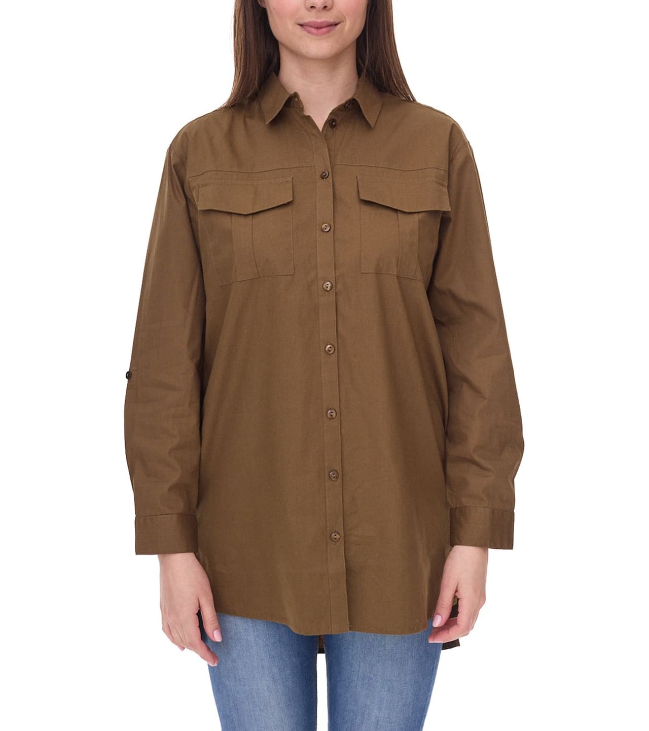 AjC Blusa de mujer Camisa de algodón de manga larga de gran tamaño con mangas enrollables Caqui