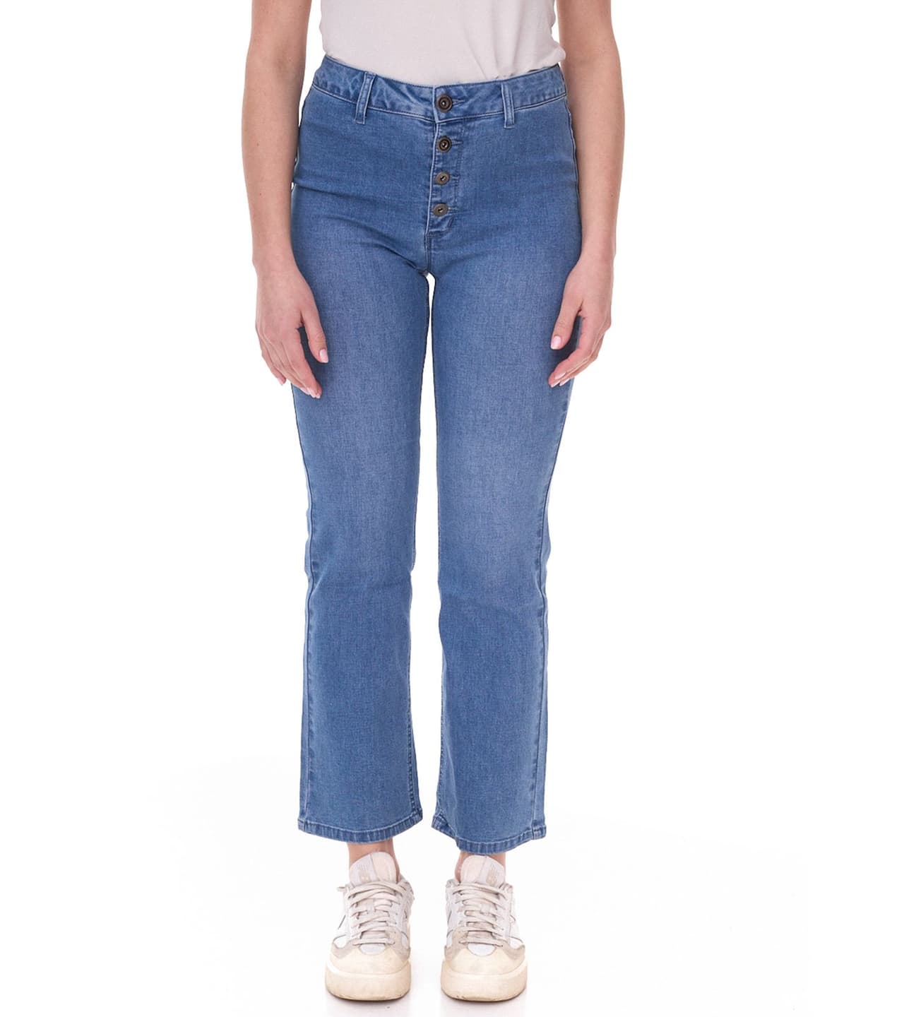 AjC Pantalones vaqueros de cintura alta para mujer pantalones de algodón con corte acampanado y detalles de botones Azul