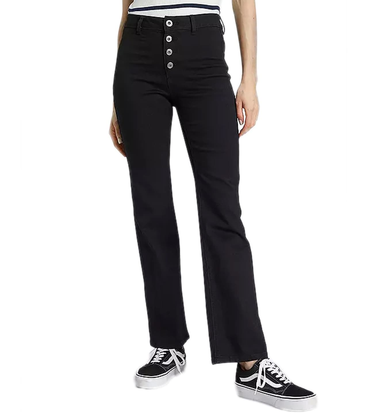 AjC Pantalones vaqueros de cintura alta para mujer pantalones de algodón con corte acampanado y detalles de botones, color negro