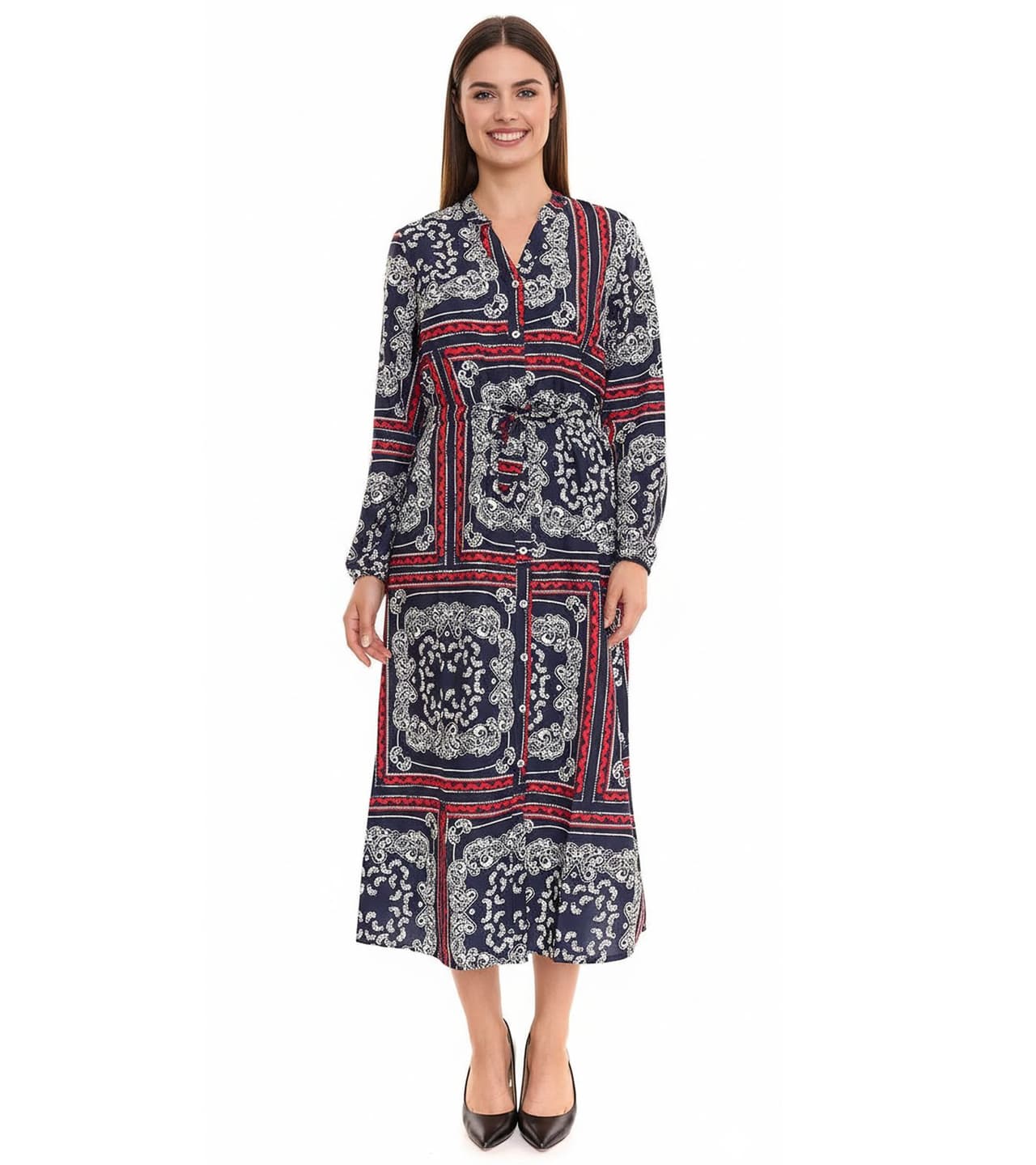 Delmao Vestido midi de mujer con estampado integral, vestido de manga larga, vestido de verano azul/rojo