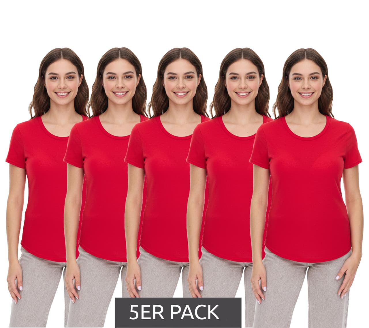 Elevate Pack de 5 camisetas Jade para mujer, sostenibles, de manga corta, 160 g/m², camiseta básica, interior, Rojo