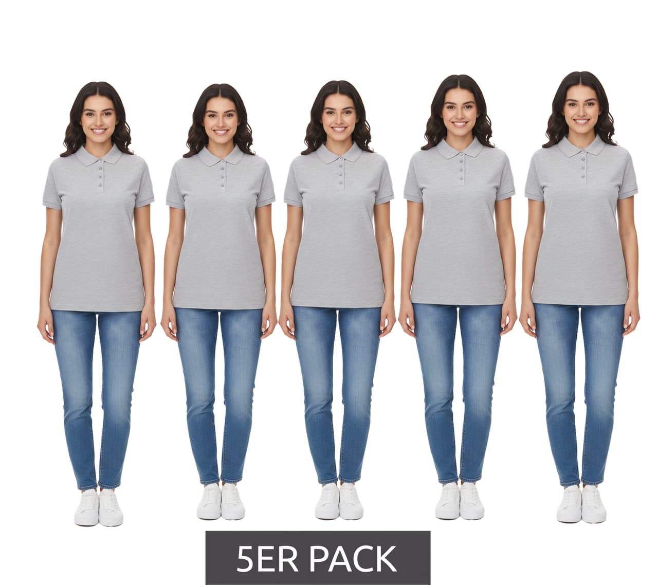Santino Polo Mika para mujer (paquete de 5) de algodón orgánico. Polo con tapeta de 4 botones. Camisa de manga corta, gris jaspeado, 210 g/m².