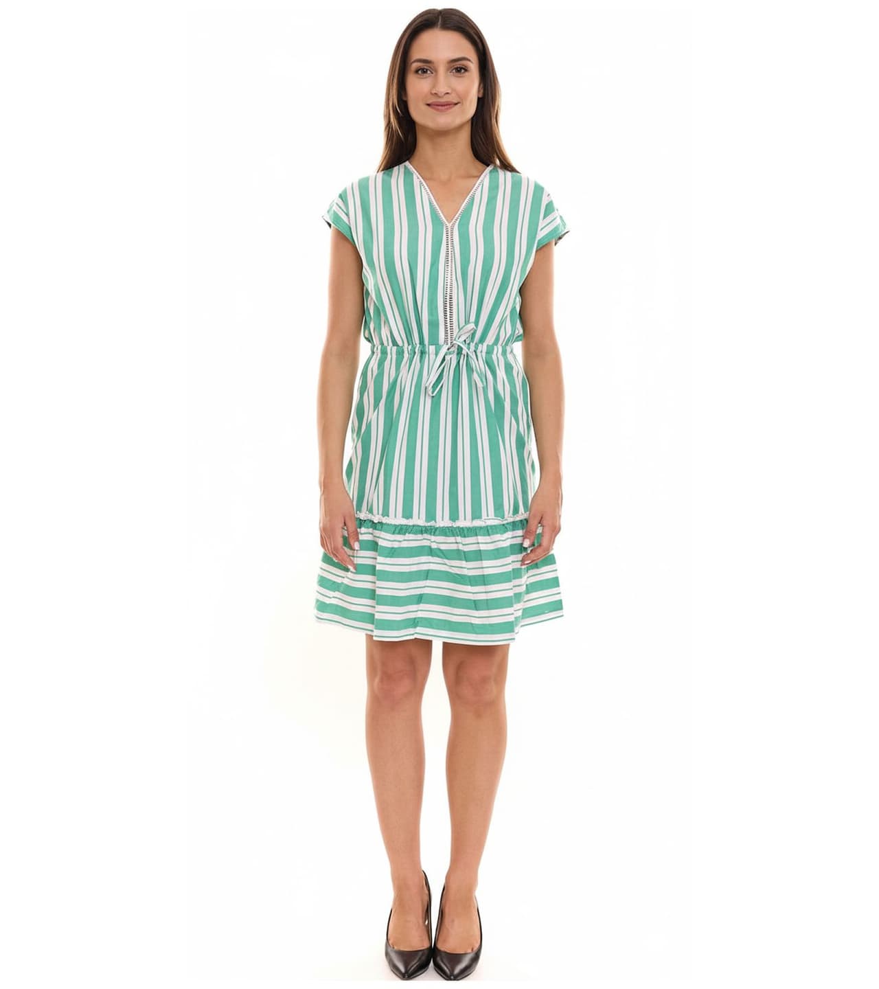 AjC Vestido corto de mujer a rayas vestido ligero de algodón vestido de verano blanco/verde