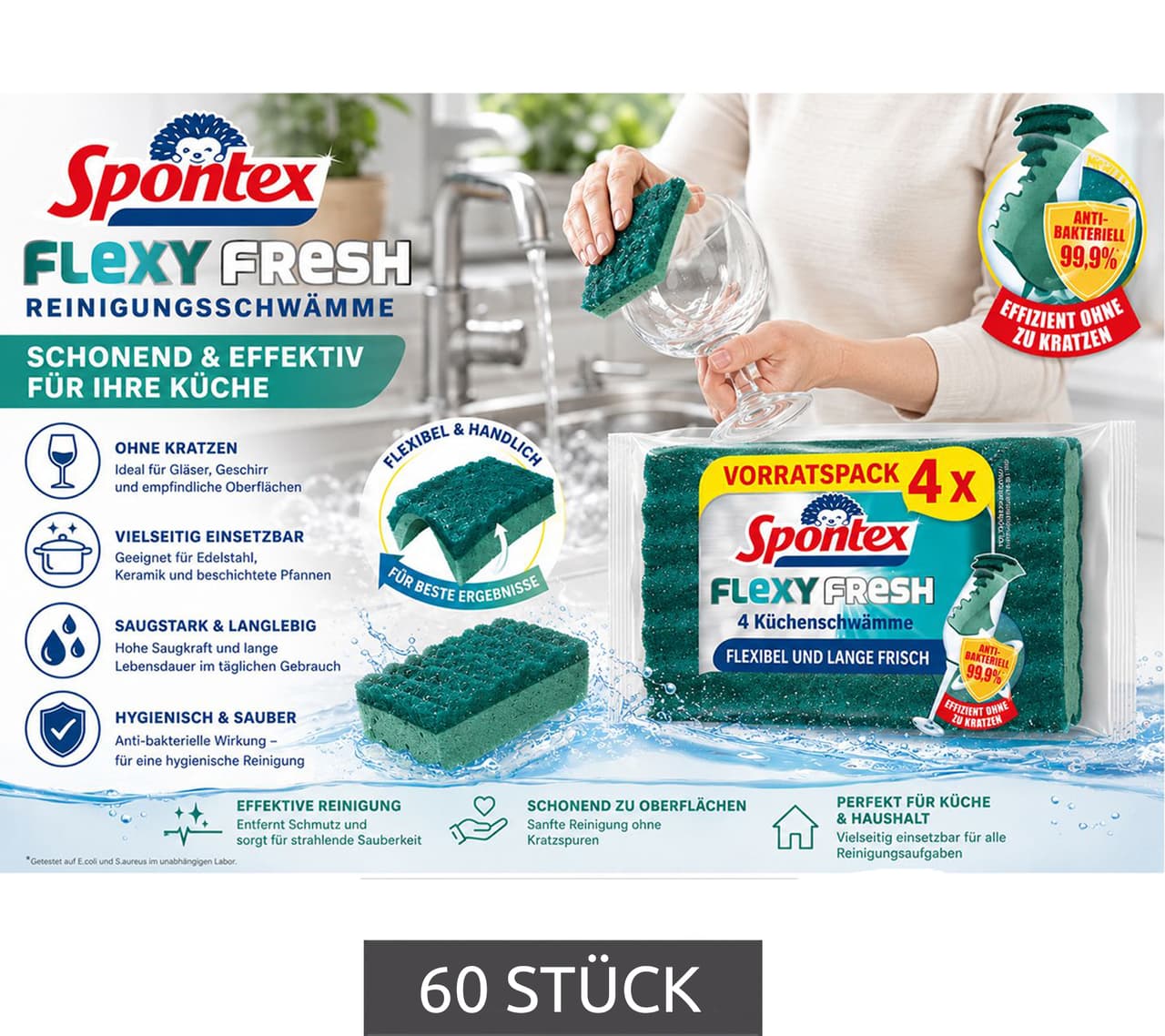 Spontex Paquete de 60 Esponjas de Limpieza Flexy Fresh para Ollas y Cubiertos. Suaves con Cristales y Superficies Delicadas. Verde