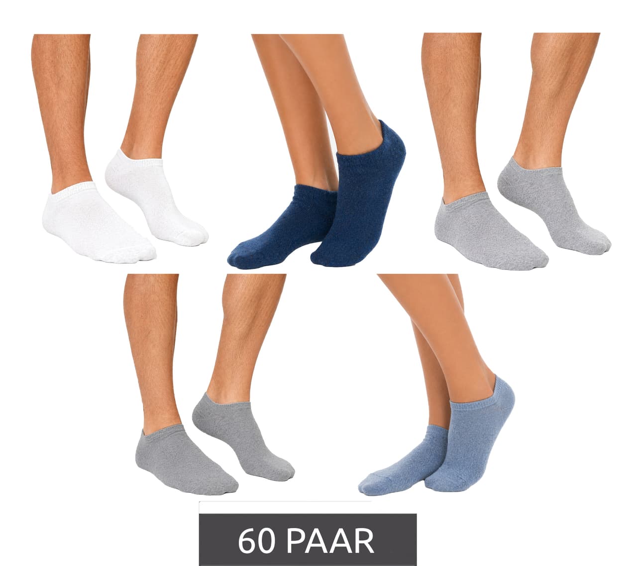 O46VS (MB8) Calcetines unisex sostenibles de algodón orgánico (60 pares), calcetines cortos tipo zapatillas, calcetines deportivos, medias, gris/blanco/gris claro/azul claro/azul oscuro