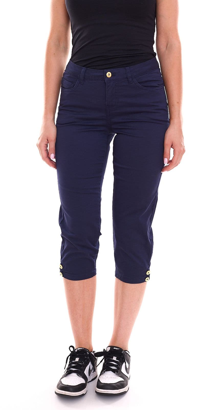 Delmao Pantalones de verano para mujer, elegantes pantalones de algodón, hasta la rodilla azul